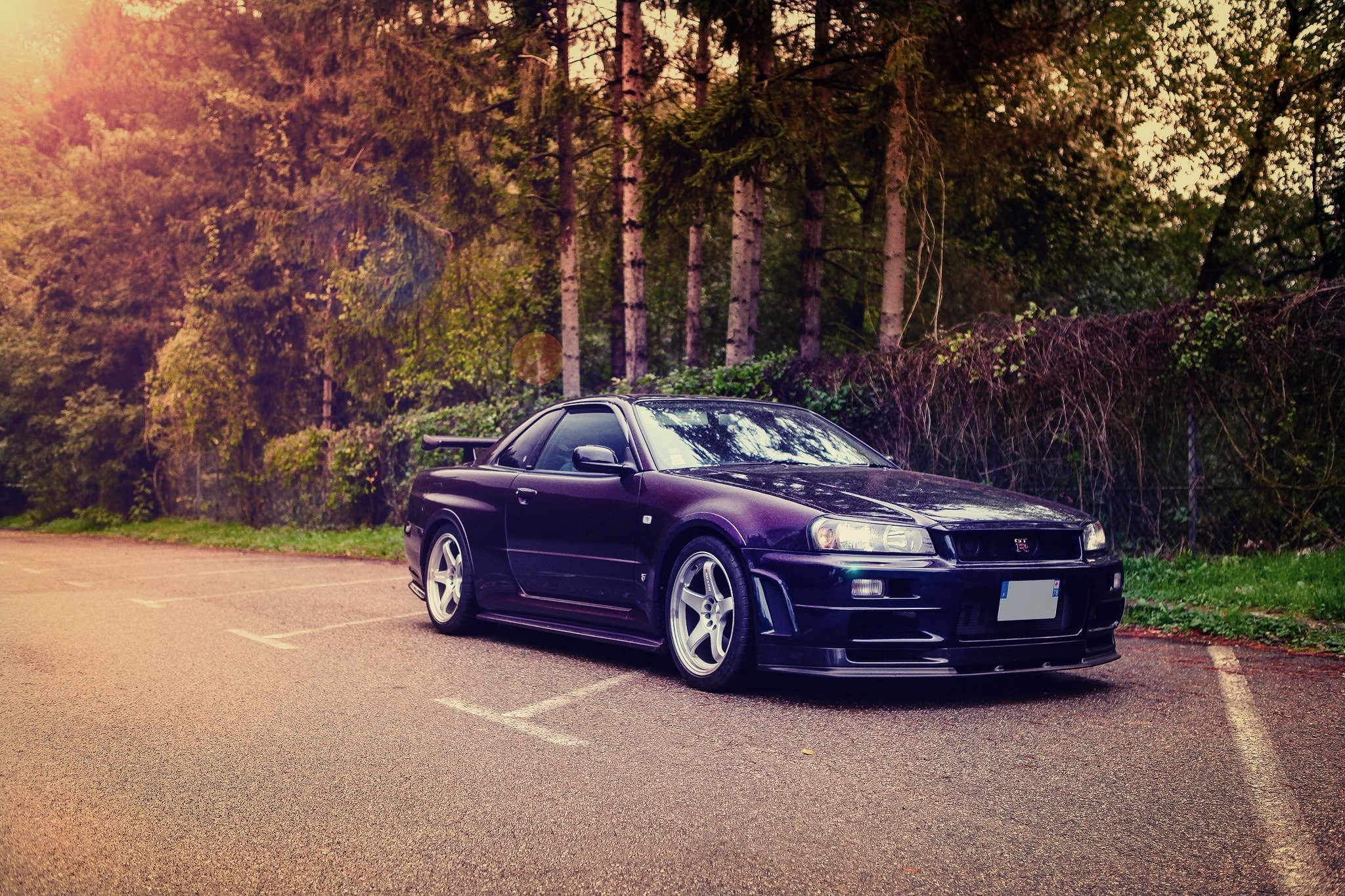 no people, R34, land vehicle, sunlight, tree, S-tune, car, stationary, trunk, day, Skyline, Gt-r, Nissan, transportation, growth, outdoors, mode of transportation, HD Wallpaper
