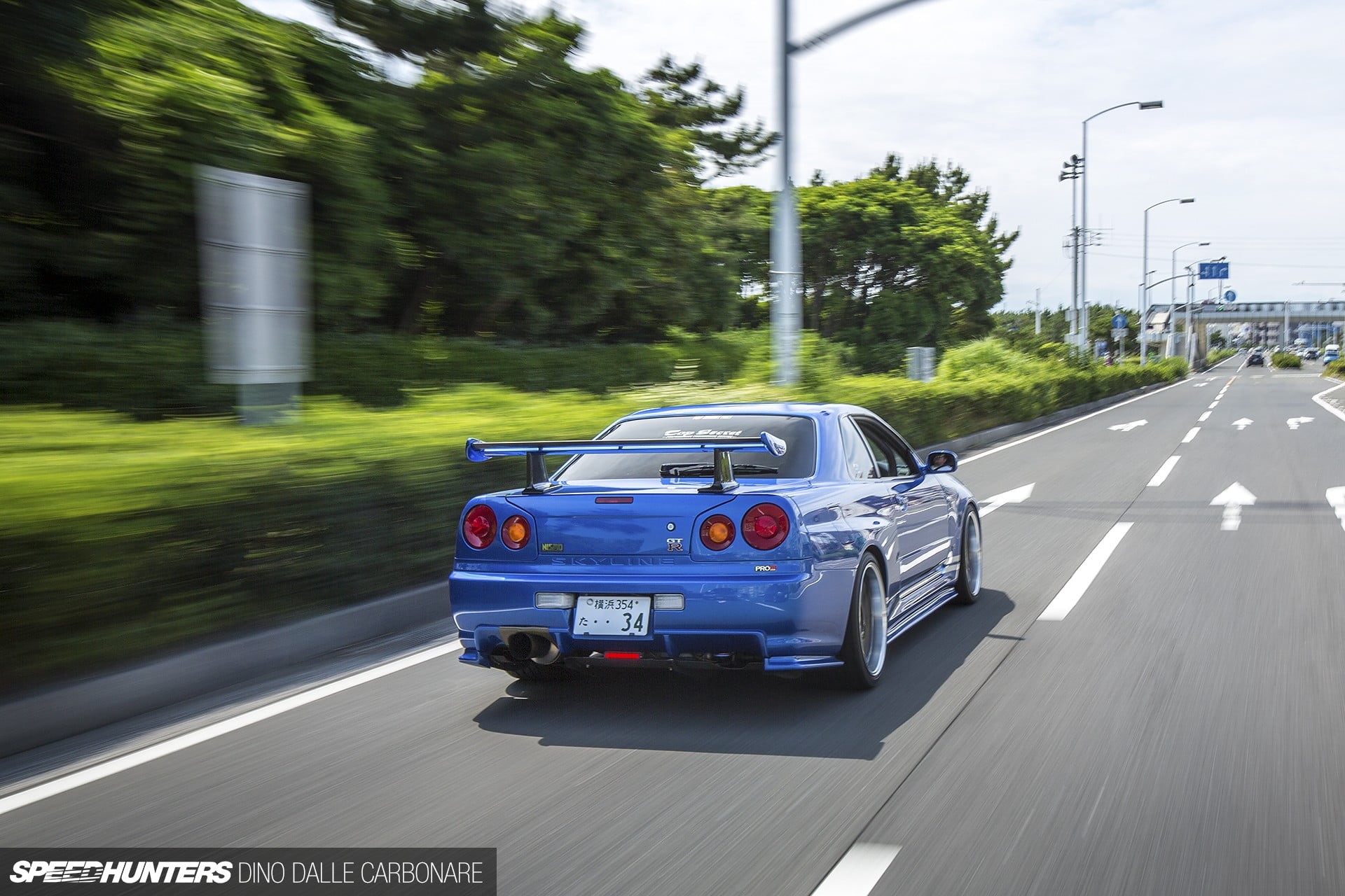 travel, nature, Skyline R34, mode of transportation, street, motion, land vehicle, 1080P, symbol, on the move, motor vehicle, road, speed, day, tree, blurred motion, HD Wallpaper