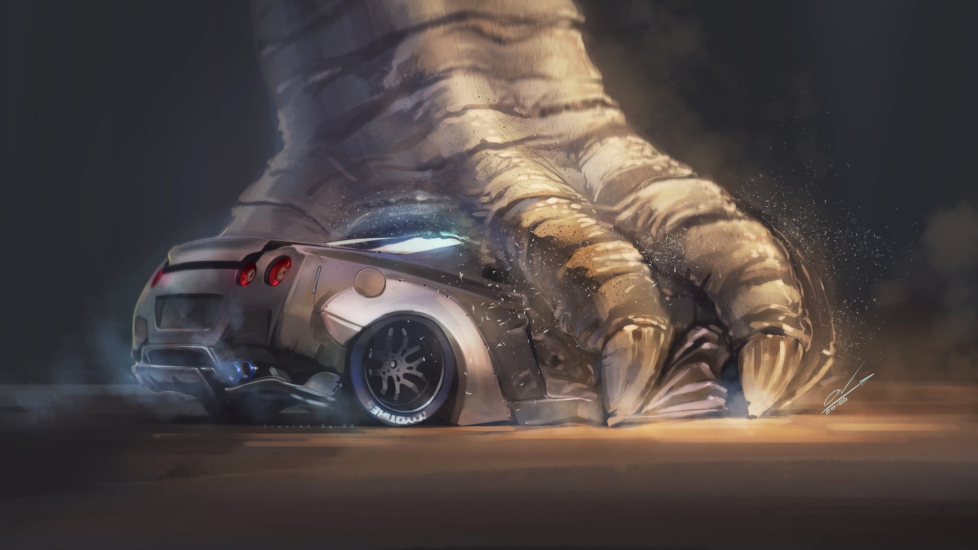 Nissan Skyline R32 GT-R, Godzilla, Background, Art, Paw, You are Not Godzilla, Nissan, by Oakkar Nyi, Monster, Skyline, Figure, Nissan Skyline, Oakkar Nyi, HD Wallpaper