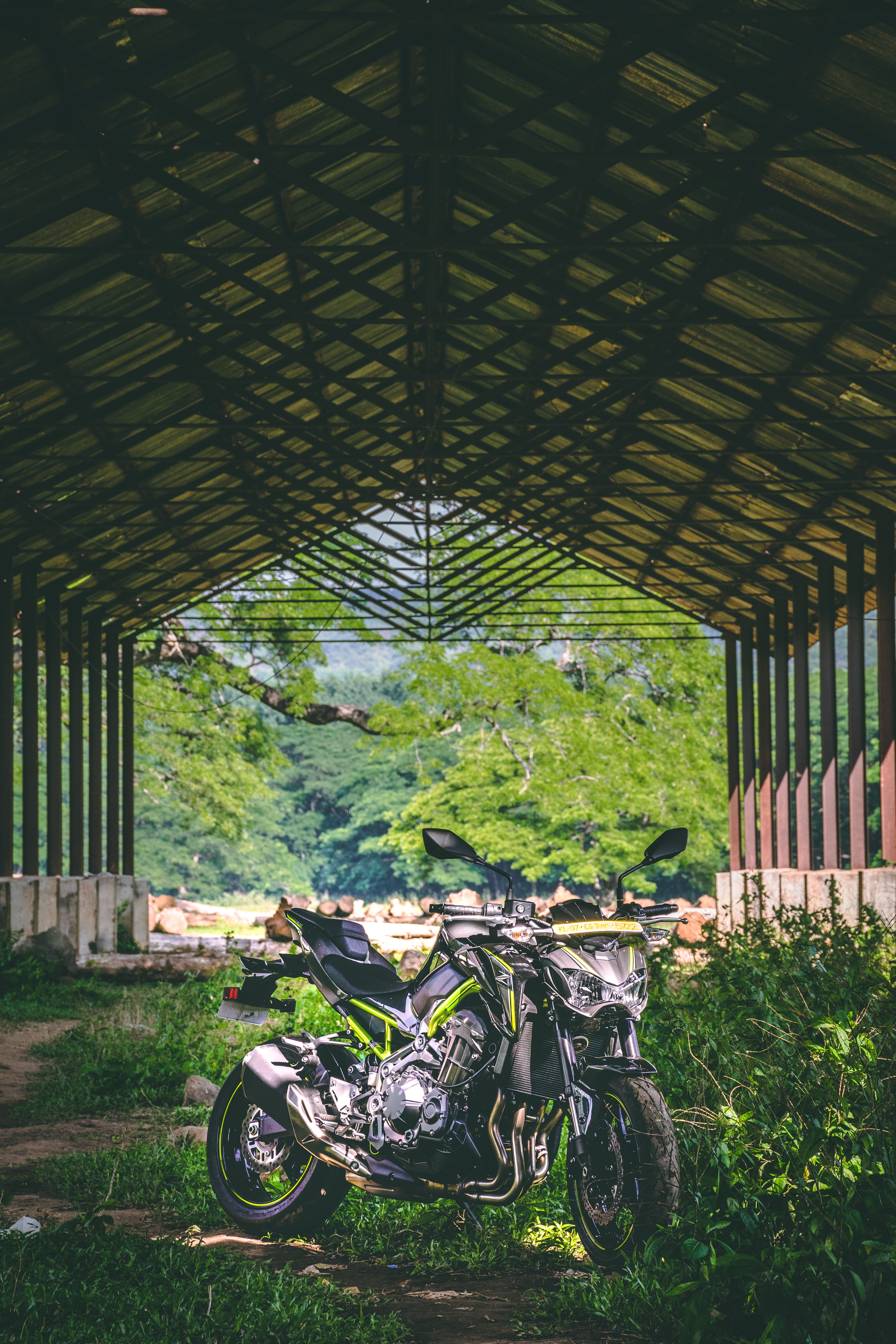 day, outdoors, grass, stationary, ceiling, scooter, built structure, india, land vehicle, plant, abandoned, no people, architecture, sunlight, superbikes, Phone HD Wallpaper