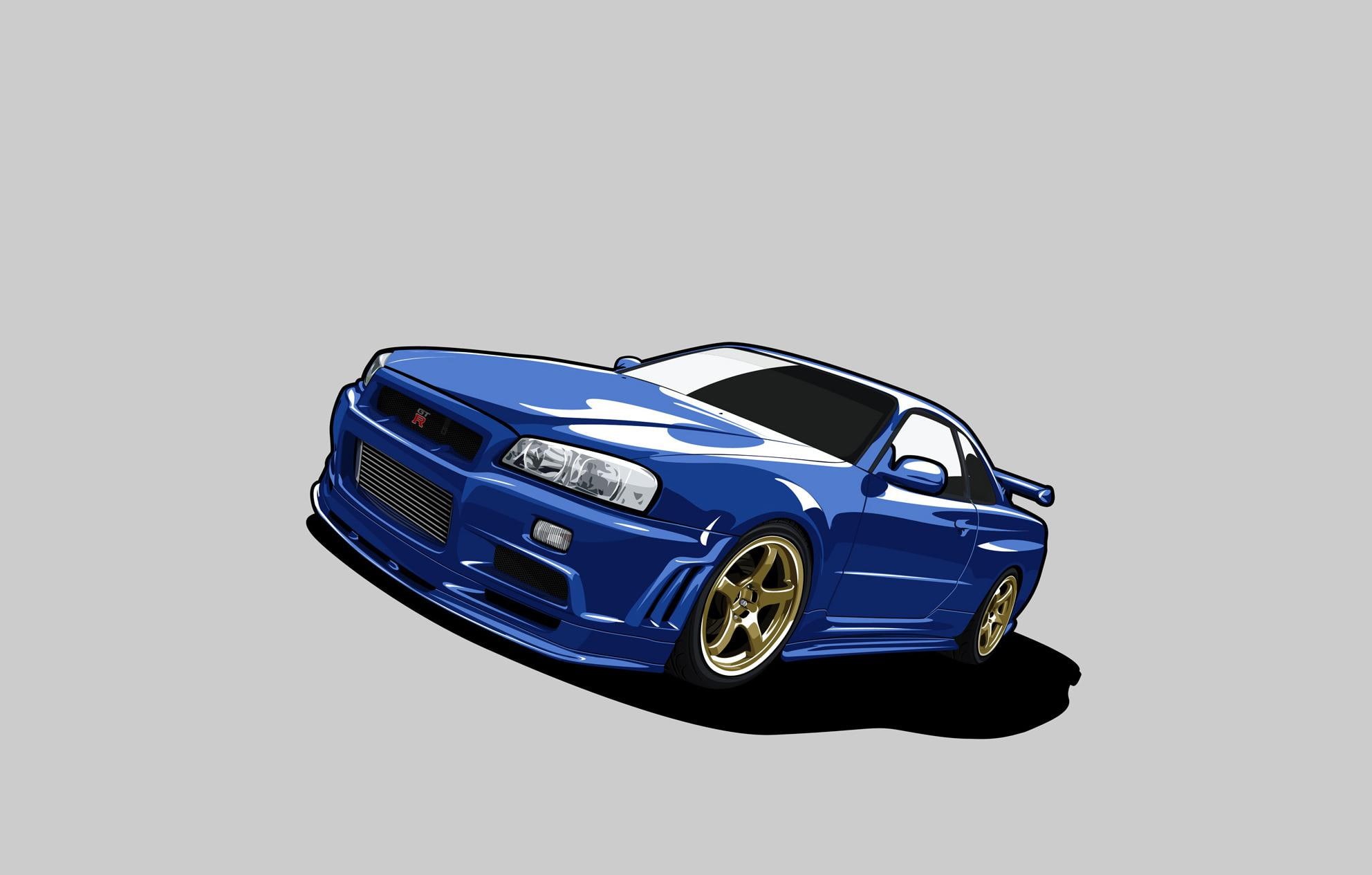 gt, concept, gtr, skyline, minimalism, illustration, nissan, car, gt-r, blue, r, 1080P, HD Wallpaper