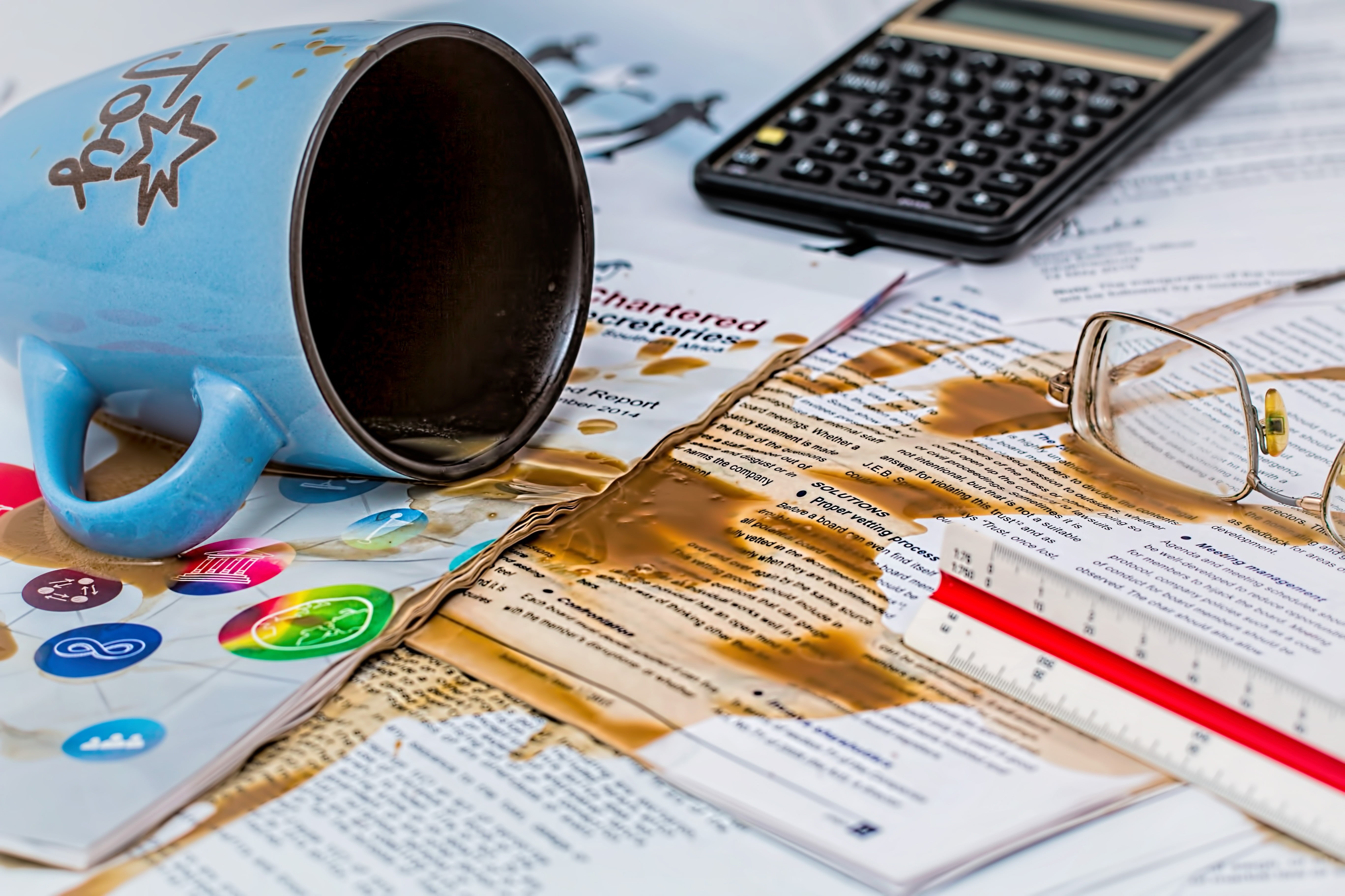 wealth, eyeglasses, careless, hash, mess, accident, mistake, spoil, carelessness, liquid, error, oops, bungling, indoors, unexpected, foul-up, wrong, high angle view, HD Wallpaper