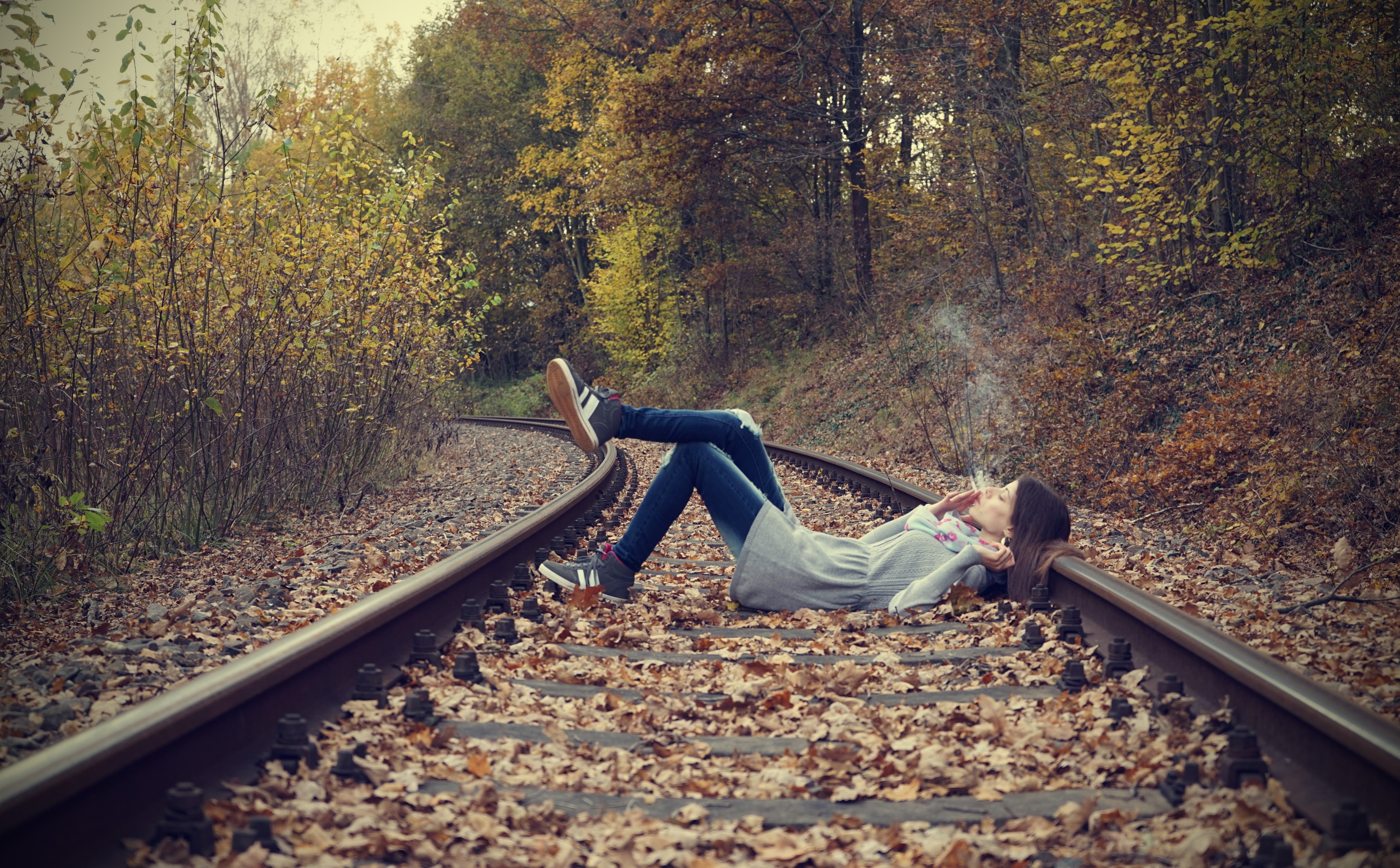 tree, leaves, s, girl, casual clothing, grey, change, railroad track, blue, pant, coat, day, women, young women, forest, woodland, happy, transportation, HD Wallpaper