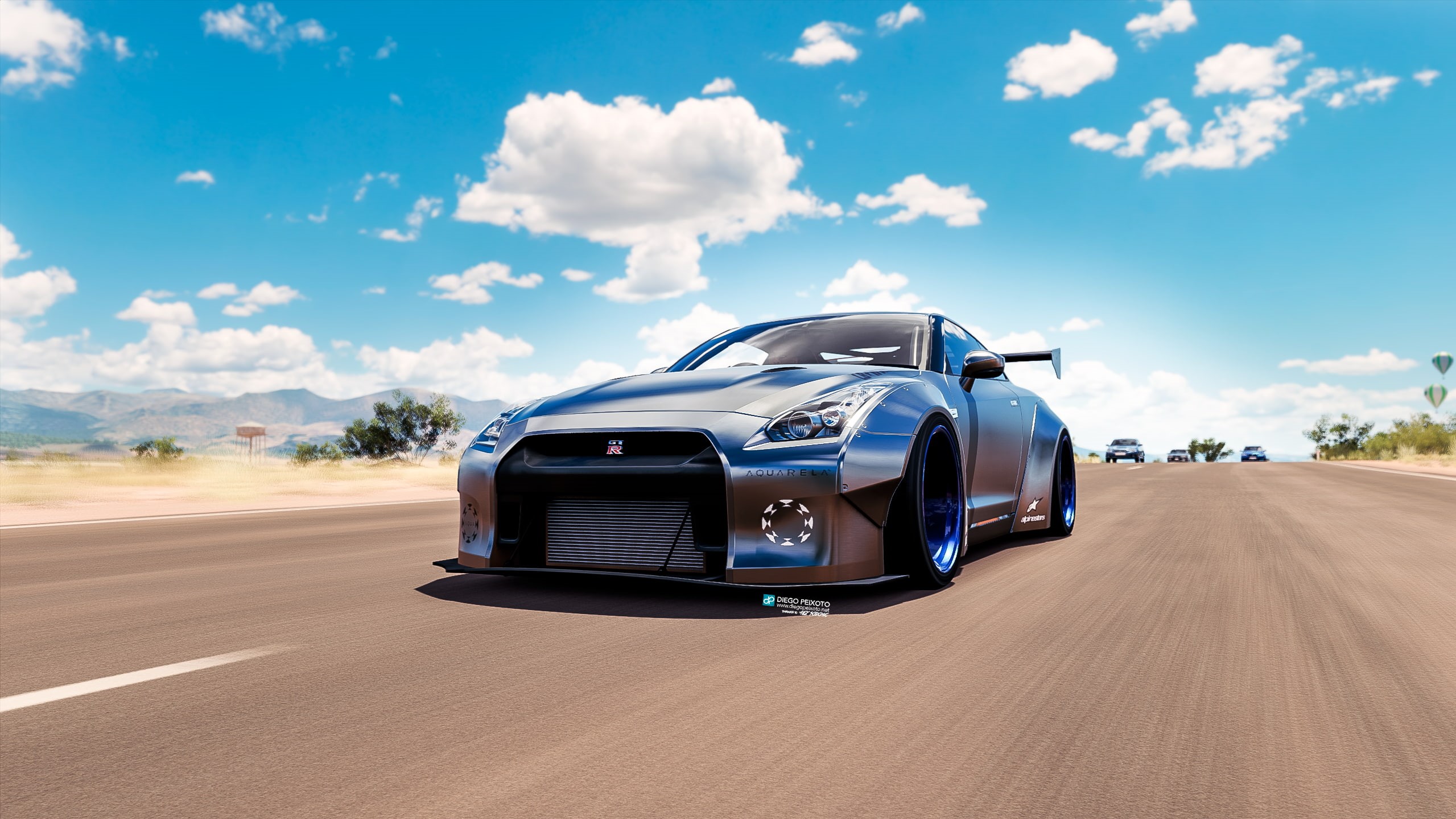 race cars, mode of transportation, motion, sunlight, desert, skyline, Nissan GT-R NISMO, blue, speed, 1080P, horizon, day, cloud - sky, road, nature, transportation, HD Wallpaper