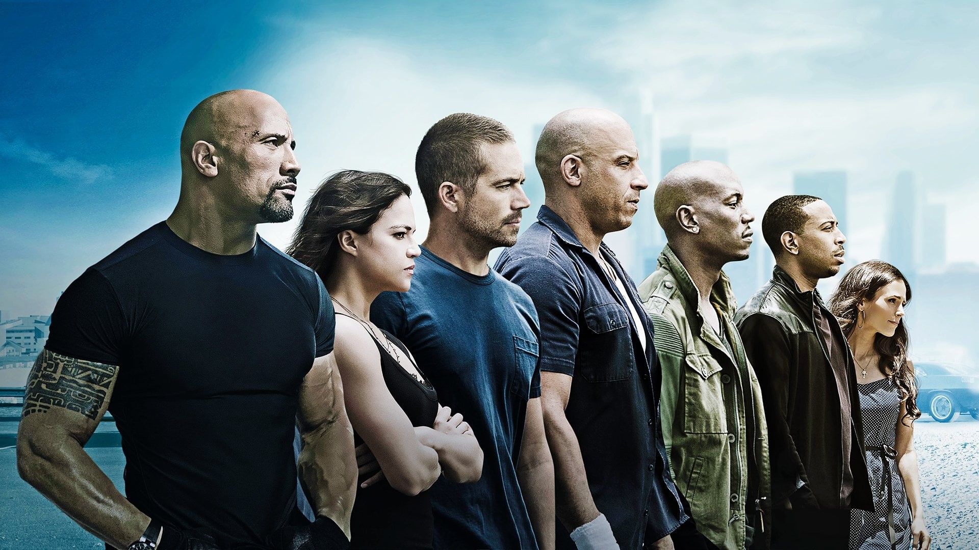 mid adult men, Mia Toretto, young men, Michelle Rodriguez, standing, sky, waist up, Furious 7, Dominic Toretto, Roman Pearce, rian OConner, teenager, Tej (Fast and Furious), HD Wallpaper