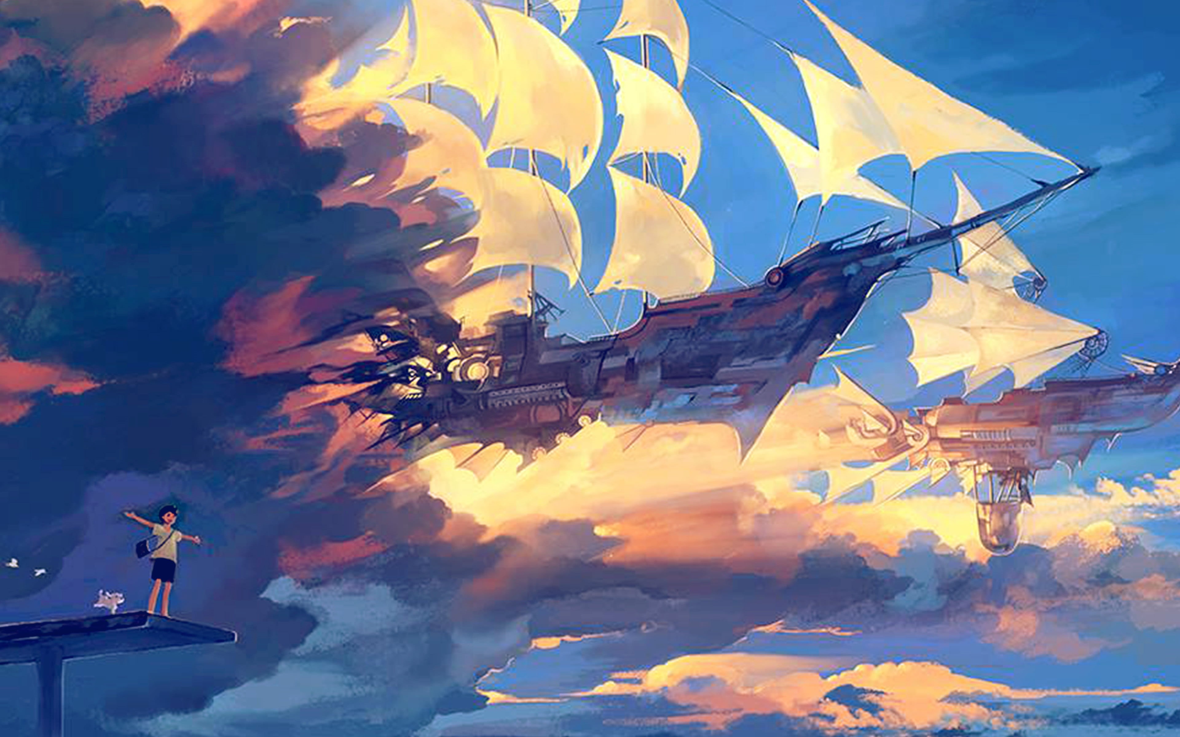 water, craft, flying, building, city, 4K, beauty in nature, transportation, digital composite, blue, reflection, illustration, anime, ship, art, cloud - sky, HD Wallpaper