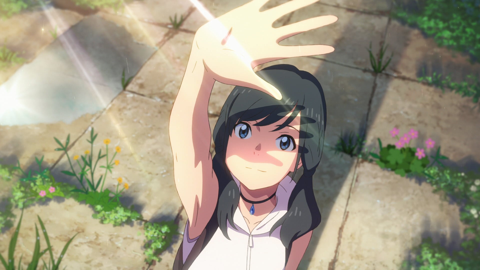 brightness, white shirt, ponytail, Makoto Shinkai, plants, anime, necklace, anime girls, hands, teen, Hina Amano, fringe hair, Tenki no Ko, 1080P, smile, HD Wallpaper