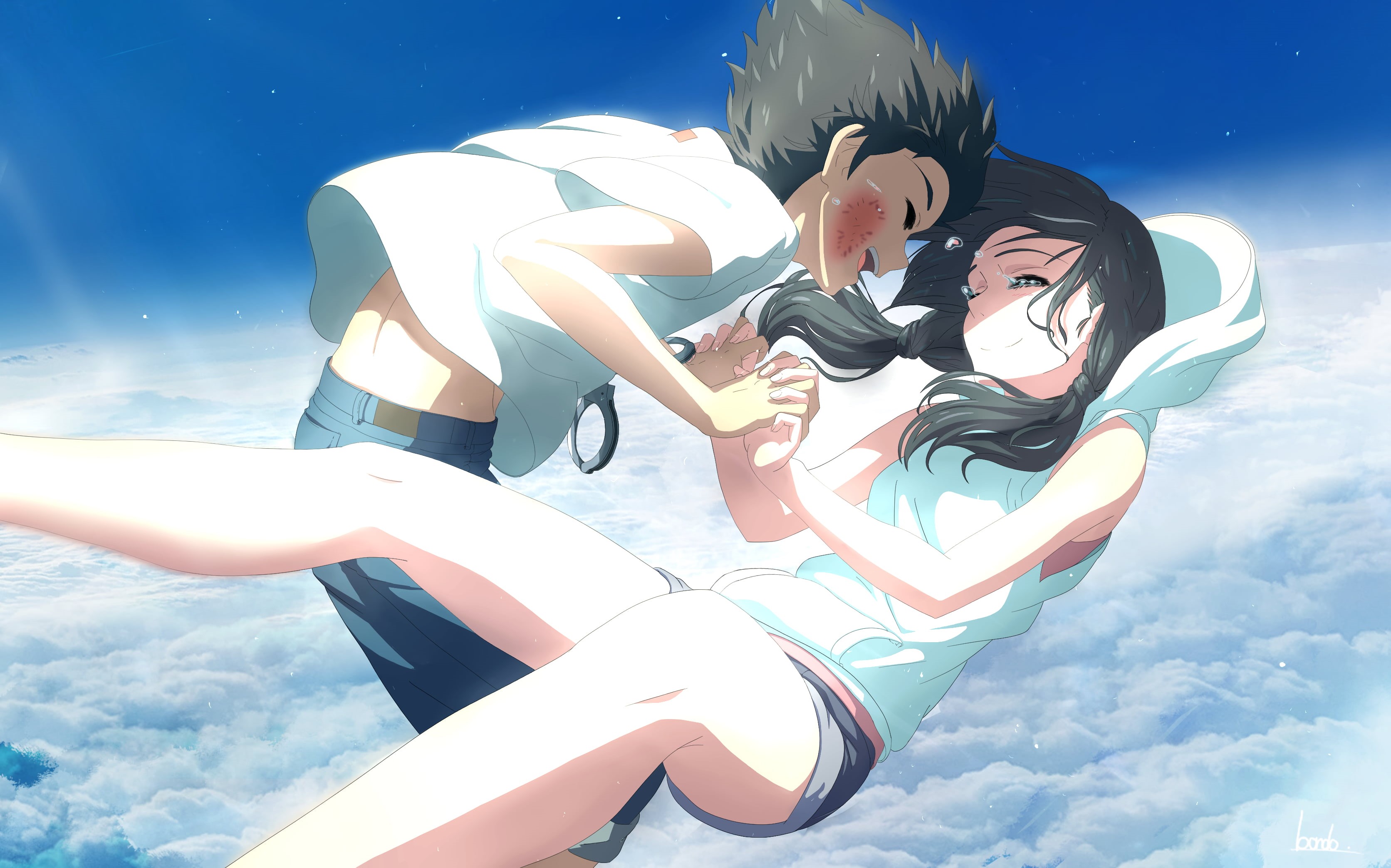 shorts, Tenki no Ko, teen, floating particles, Hina Amano, brightness, open mouth, white t-shirt, dark hair, ear, white clothing, hope, holding hands, closed eyes, HD Wallpaper
