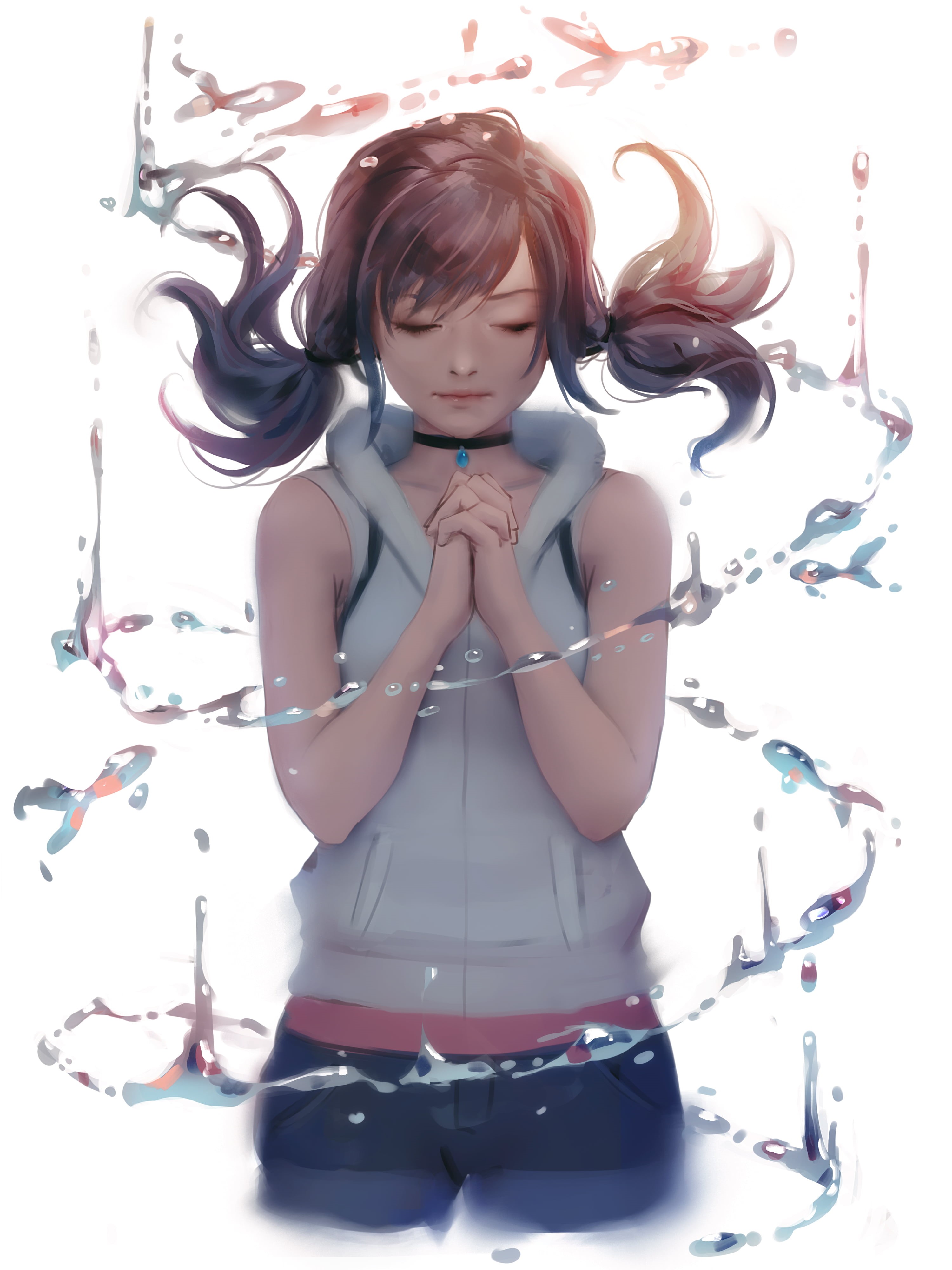 water, Zarory, fantasy art, illustration, fantasy girl, digital art, drawing, women, closed eyes, Hina Amano, anime girls, fan art, anime, Tenki no Ko, Phone HD Wallpaper