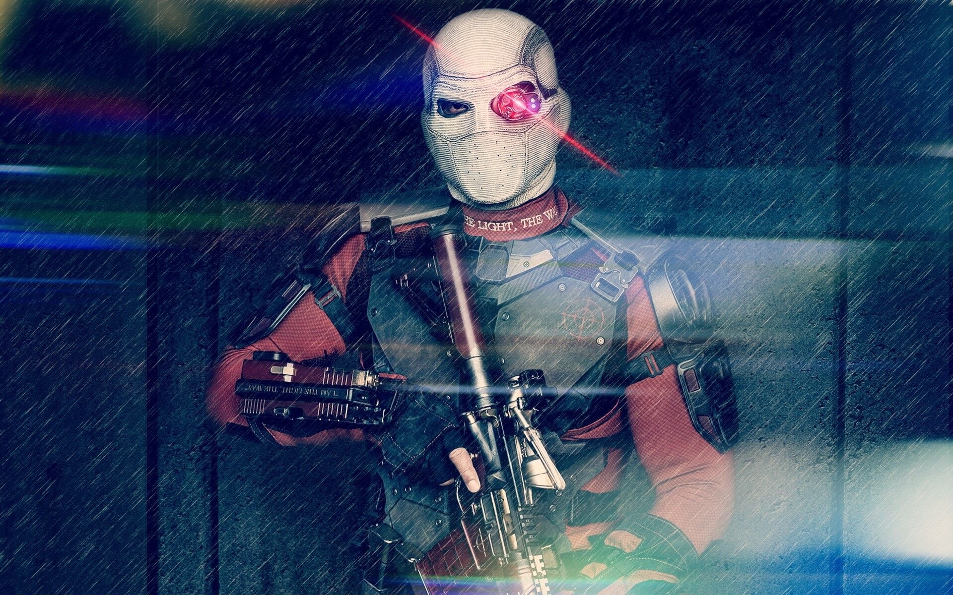 technology, headwear, front view, 1080P, uniform, unrecognizable person, weapon, waist up, Movie, one person, security, Suicide Squad, clothing, aggression, HD Wallpaper