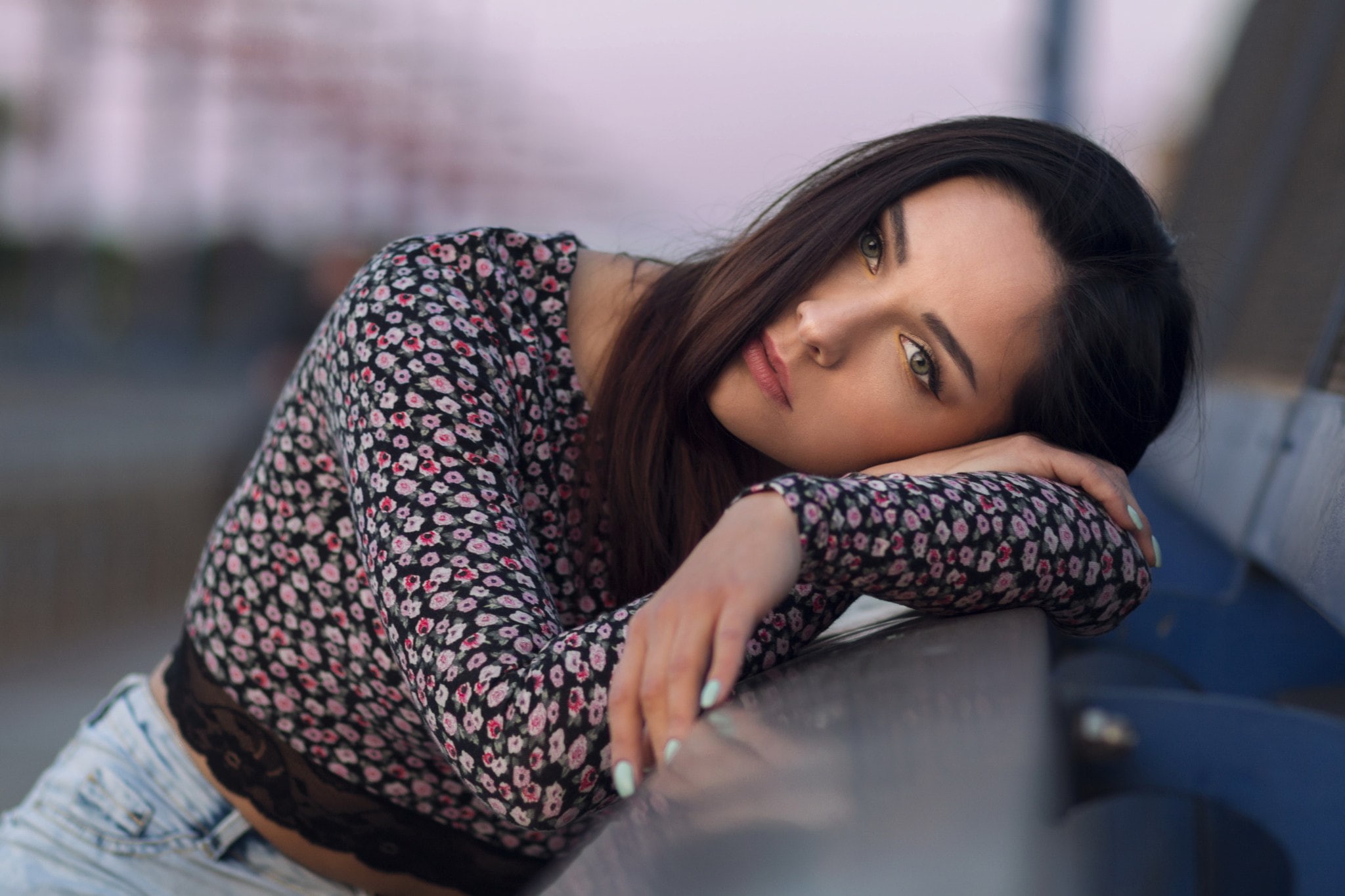 long hair, women outdoors, jeans, emotion, depression - sadness, short tops, sadness, contemplation, green eyes, face, young adult, black hair, relaxation, HD Wallpaper