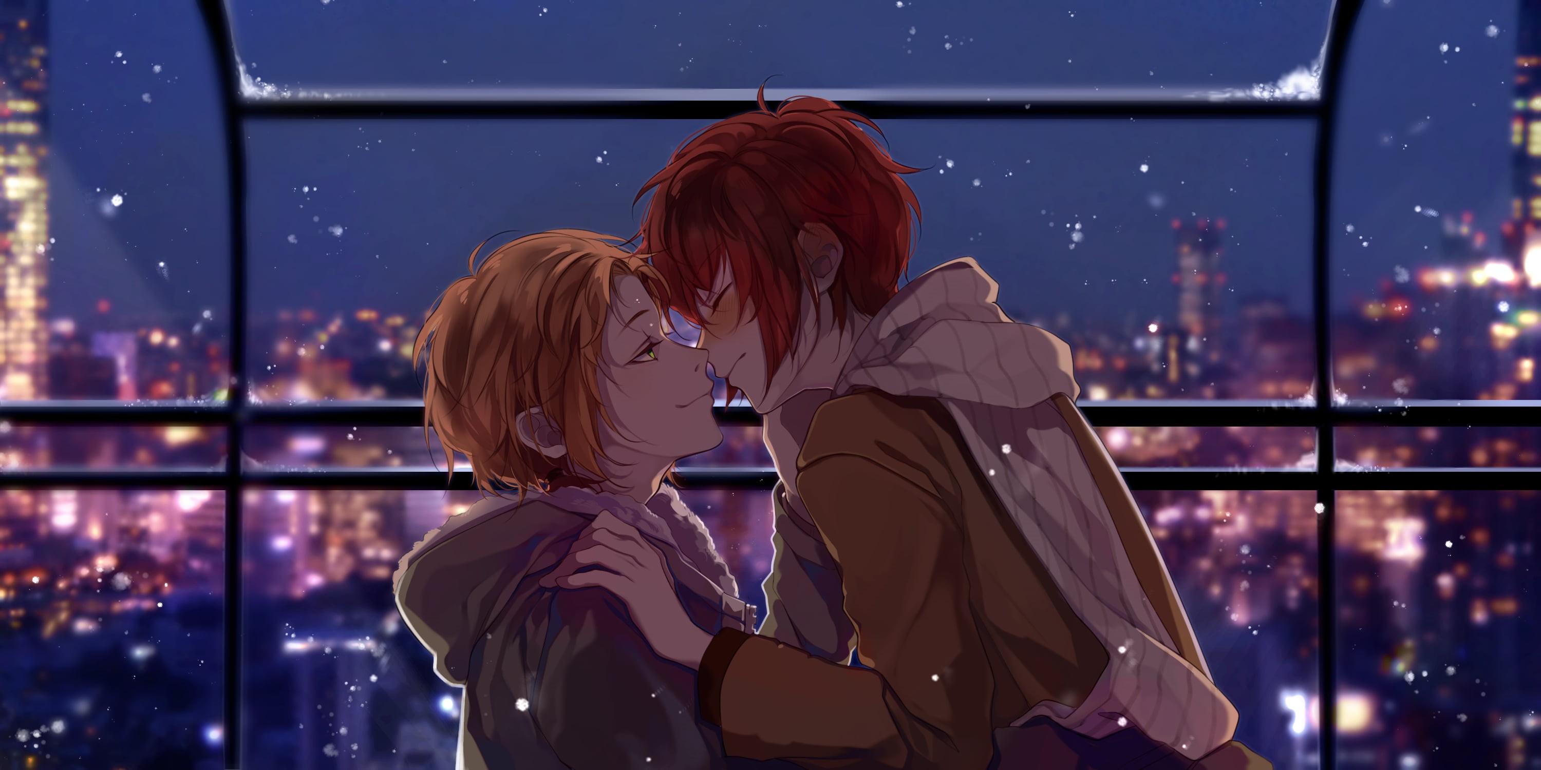 redhead, Smile, blushing, Ensemble Stars, Yaoi, scarf, night, city, high view, anime boys, lights, closed eyes, 2K, cold, anime, HD Wallpaper