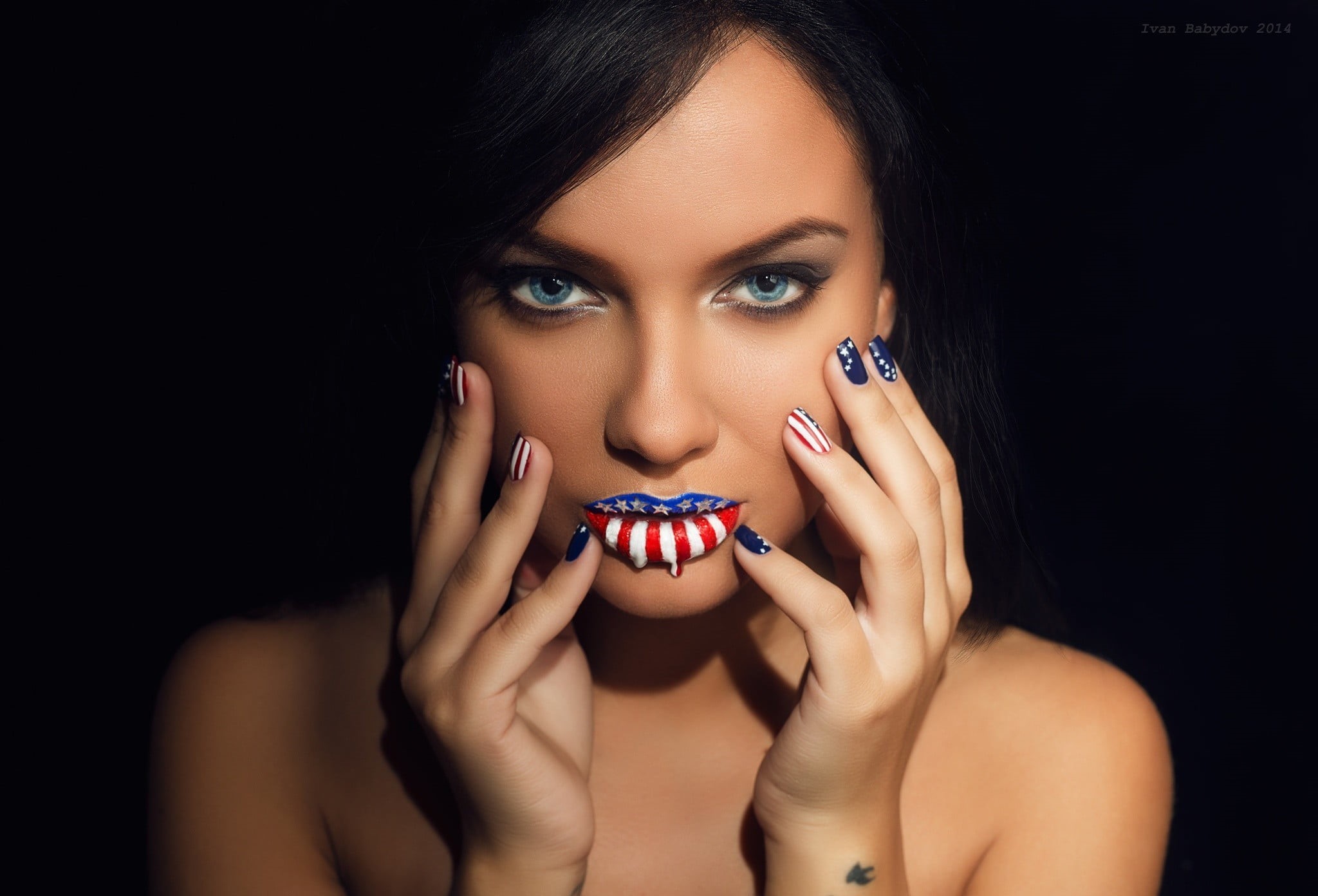 headshot, indoors, painted nails, temptation, 1080P, human body part, front view, portrait, face, black background, women, manicure, glamour, flag, looking at camera, HD Wallpaper