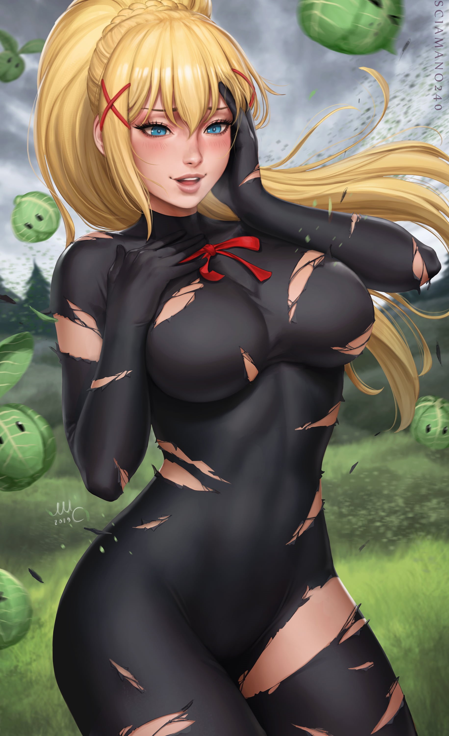 digital art, fan art, long hair, anime girls, artwork, Sciamano240, drawing, 2K, illustration, blushing, anime, yellow hair, torn clothes, Darkness (KonoSuba), Phone HD Wallpaper