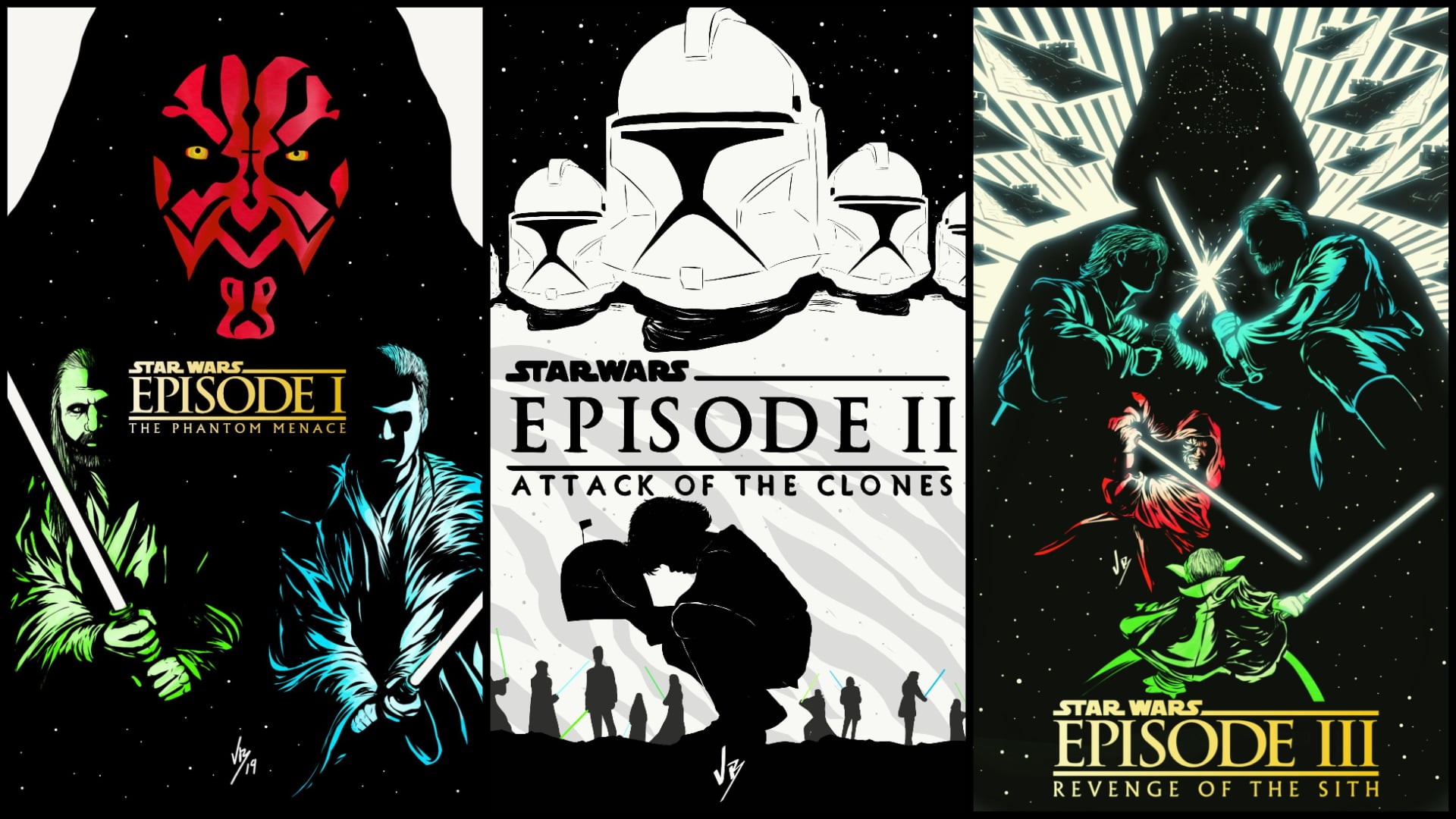 1080P, Qui-Gon Jinn, Boba Fett, Darth Vader, Trilogy, digital art, Star Wars: Episode II - Attack of the Clones, star wars: episode I - The phantom menace, HD Wallpaper