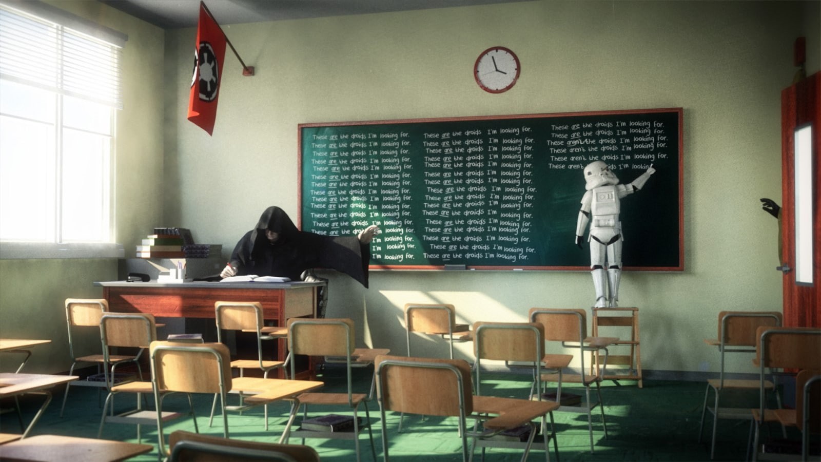 window, Star Wars, day, business, board room, no people, empty, table, school, absence, furniture, healthcare and medicine, classroom, clock, Emperor Palpatine, HD Wallpaper