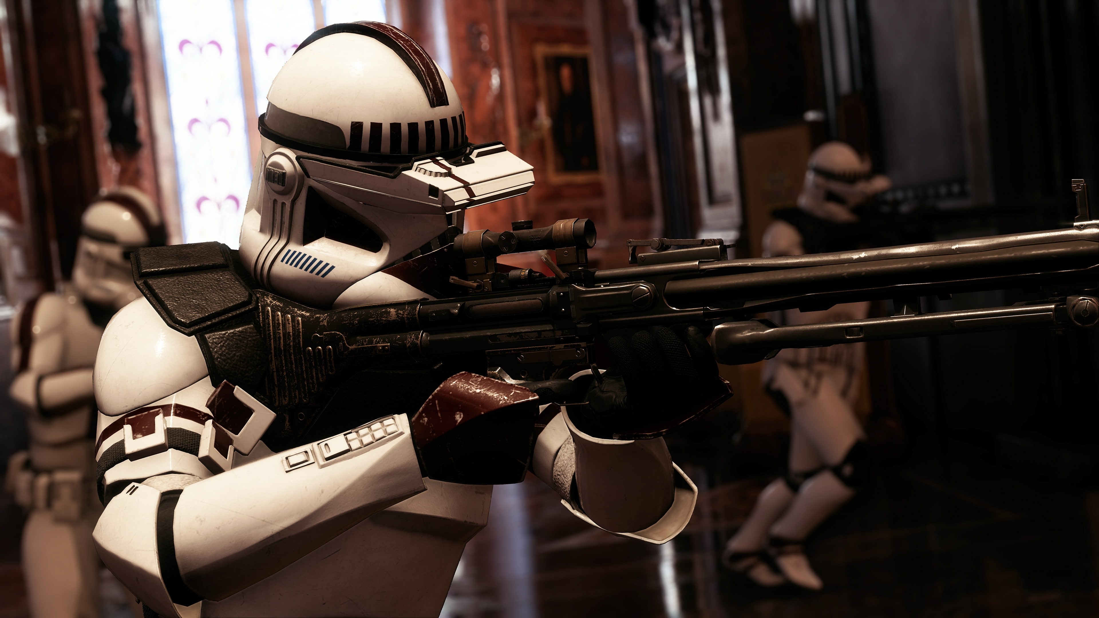4K, machine gun, holding, store, day, gun, sniper rifle, no people, representation, security, selective focus, clone trooper, for sale, focus on foreground, HD Wallpaper