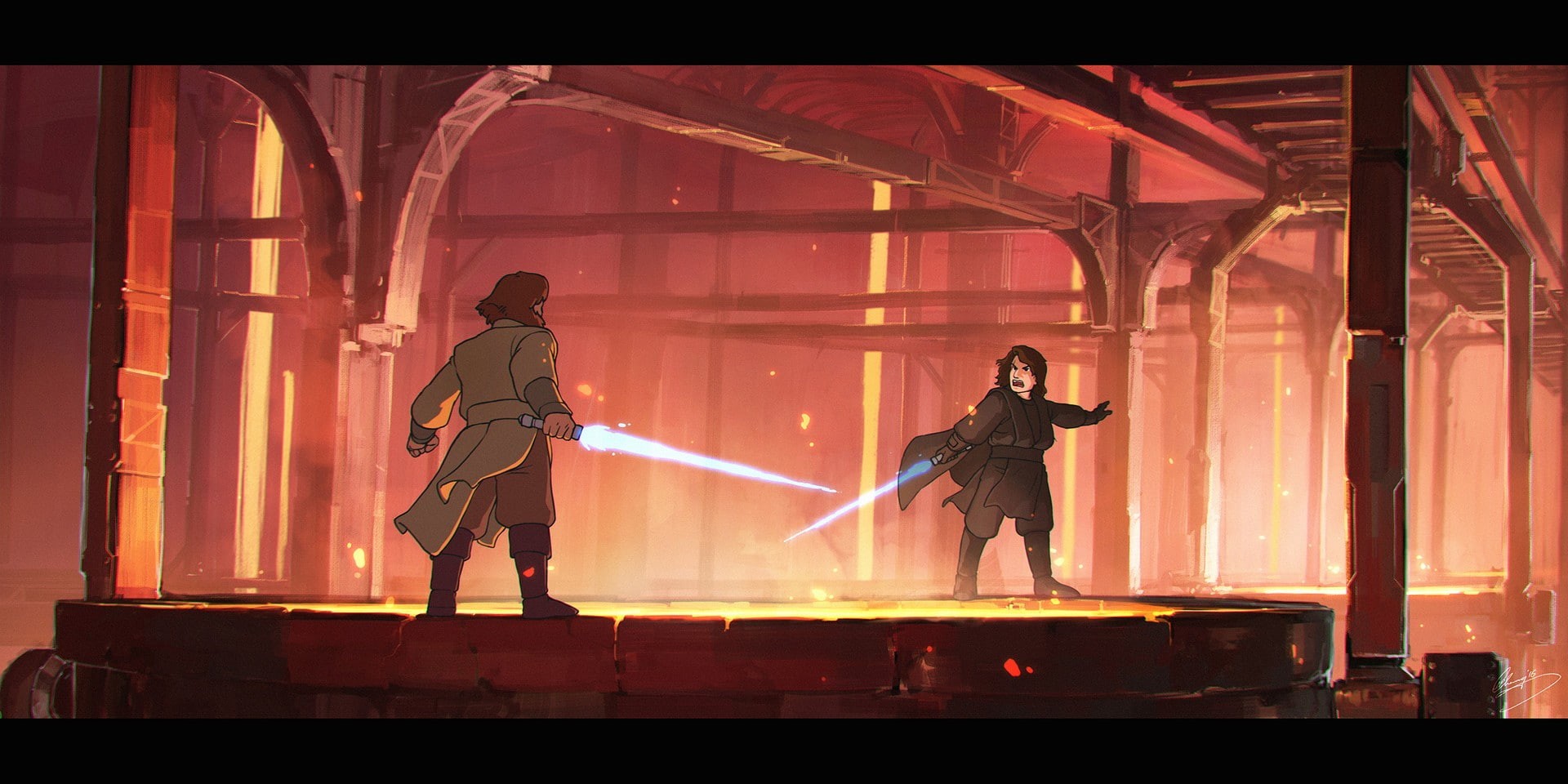 people, transfer print, Star Wars, men, digital composite, stage, standing, built structure, Obi-Wan Kenobi, artwork, Anakin Skywalker, males, two people, HD Wallpaper