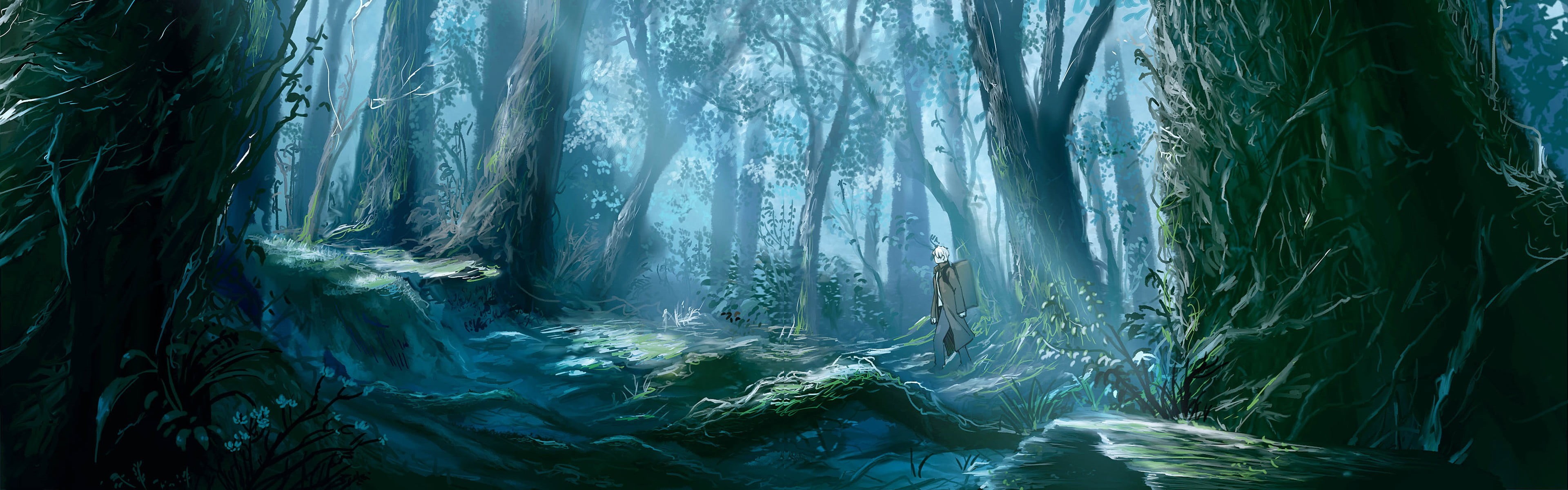 waterfront, water, anime, flowing water, Ginko (Mushishi), woods, outdoors, tranquility, forest, 4K, digital, frozen, walking, beauty in nature, scenics - nature, HD Wallpaper