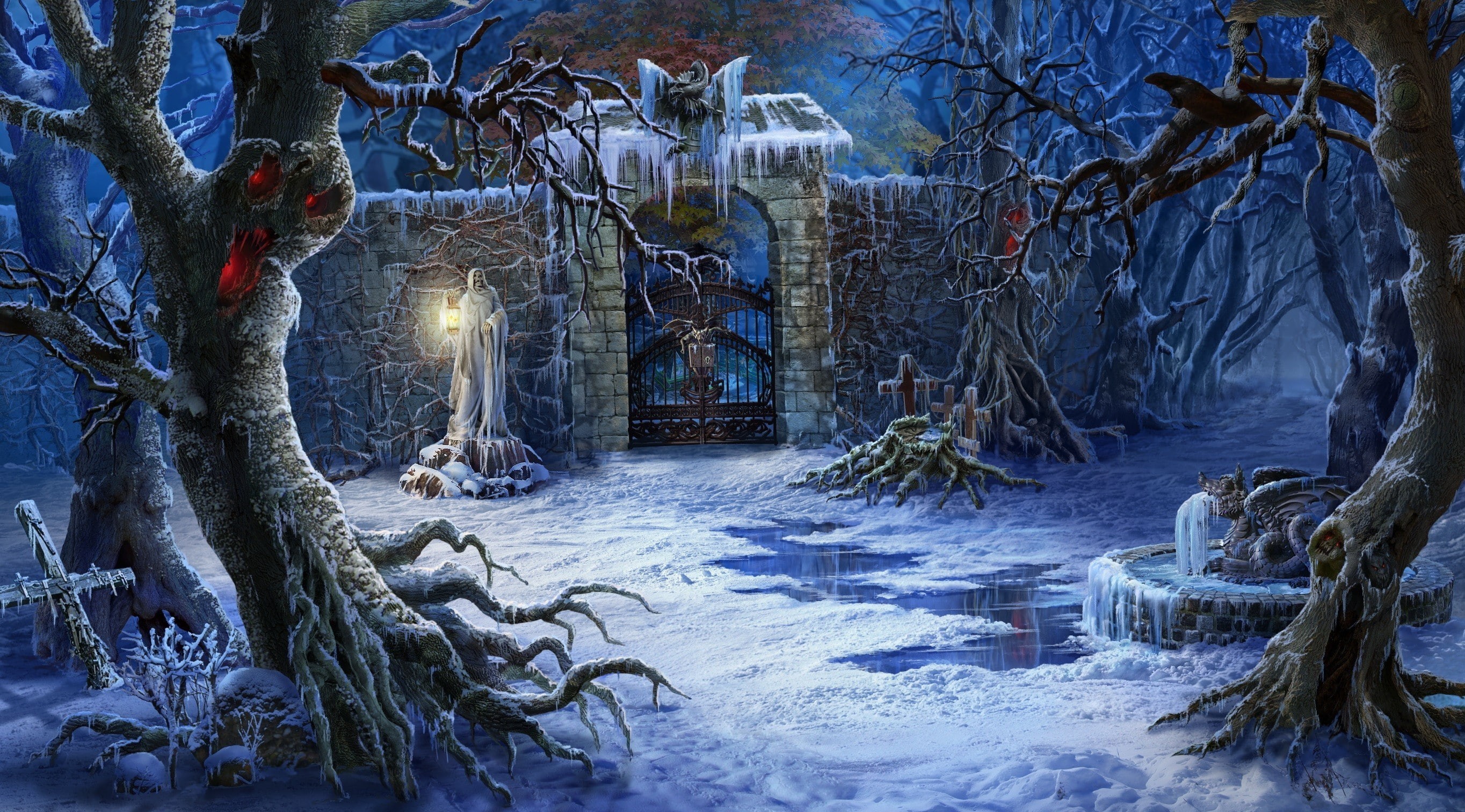 icicle, trunk, covering, dark, built structure, building exterior, winter, snowing, branch, cold temperature, 2K, fantasy art, no people, artwork, tree, HD Wallpaper