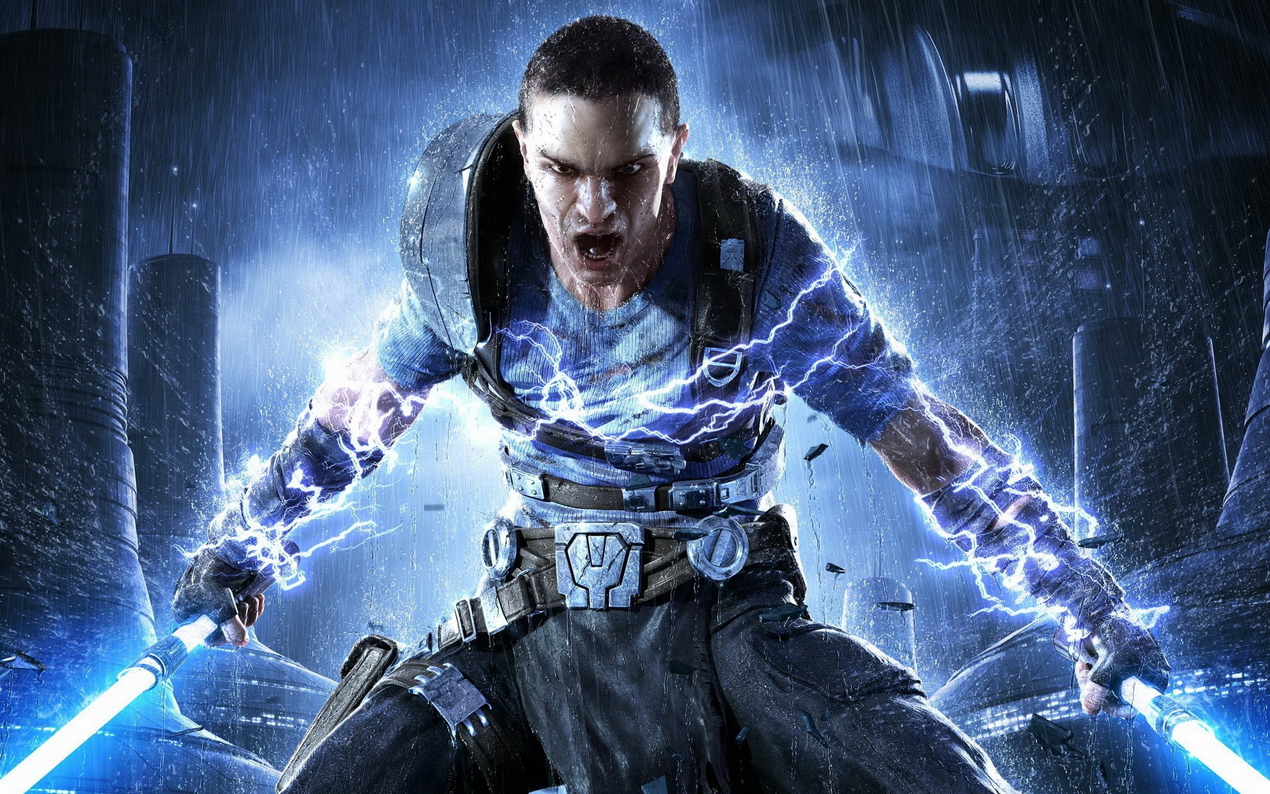holding, 2K, unleashed, lightsaber, wars, illustration, games, force, profile, star, male, HD Wallpaper