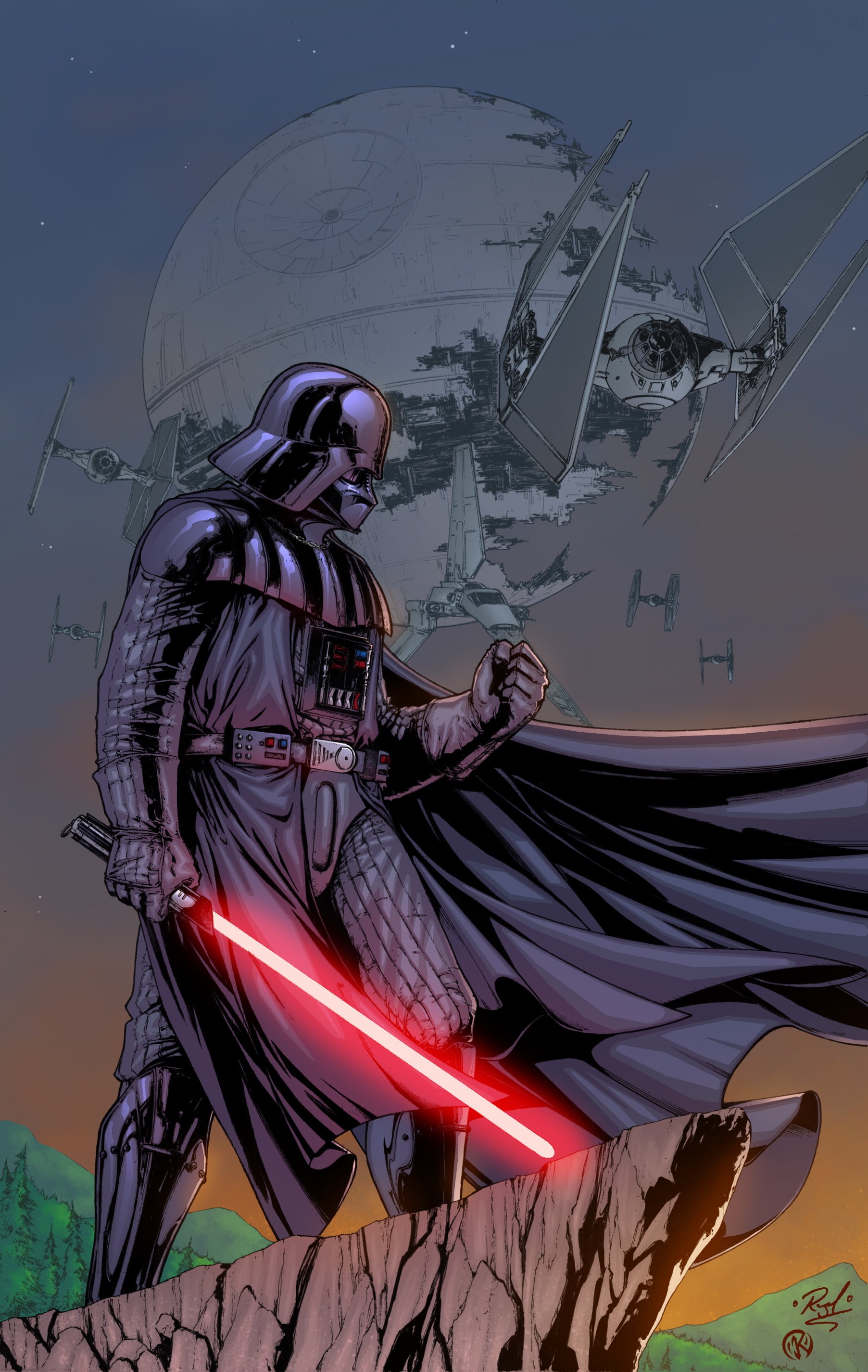Maksim Strelkov, helmet, lightsaber, Darth Vader, TIE Fighter, 2K, cape, Star Wars, Death Star, men, comic art, Phone HD Wallpaper
