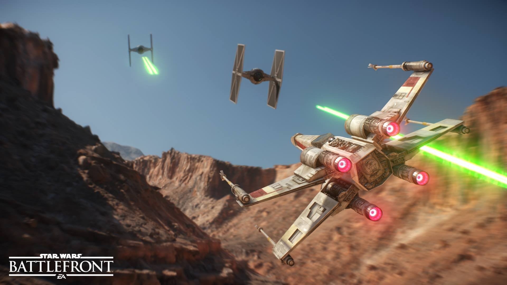 battlefront, travel, sky, dogfights, transportation, outdoors, security, sunlight, illuminated, X-wing, mountain, Star Wars: Battlefront, clear sky, Tatooine, HD Wallpaper