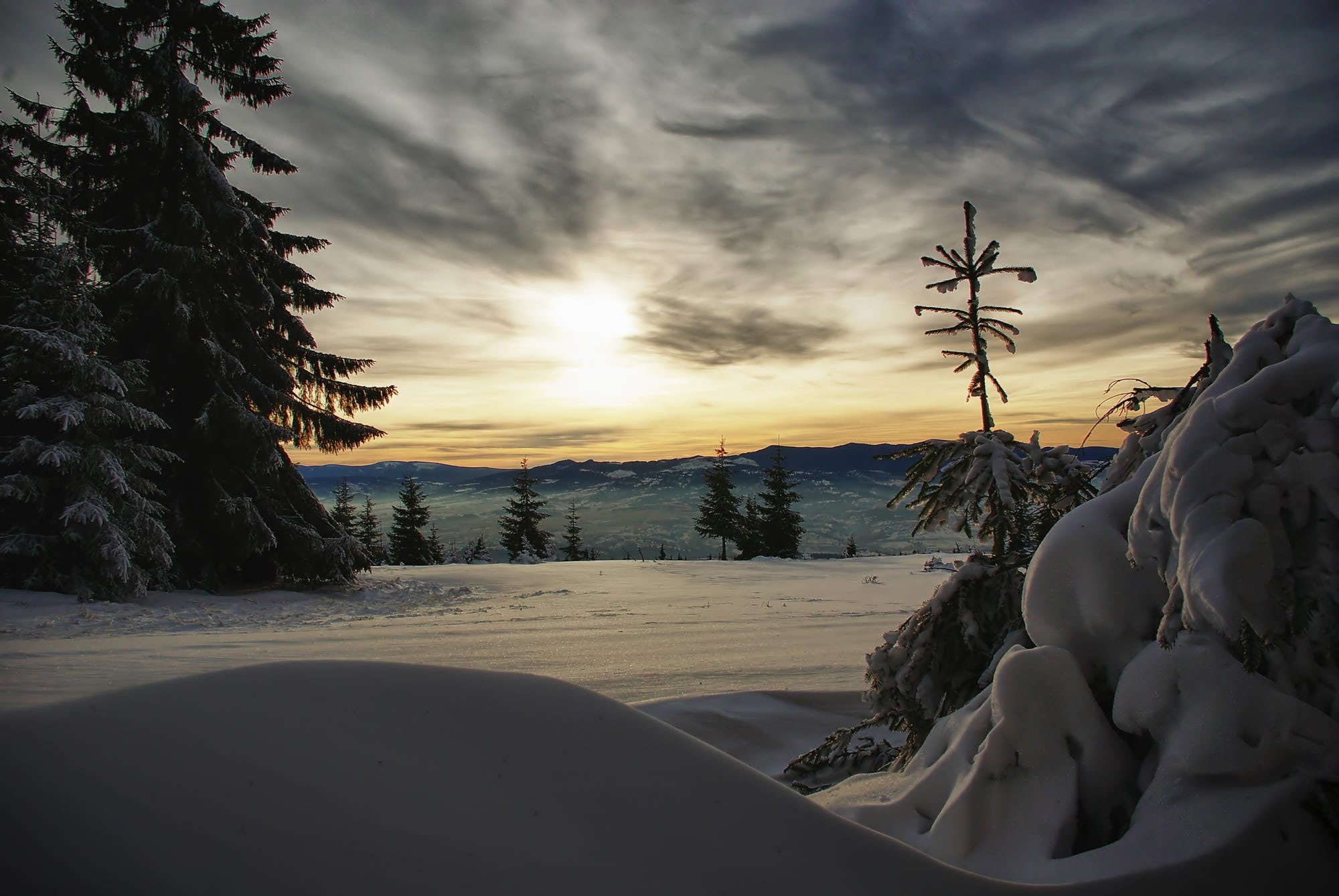 sunset, art, px, 1080P, HORIZON, snow, 2000x1339 px, frost, x, nature, Trees, mountains, Clouds, hd, HD Wallpaper