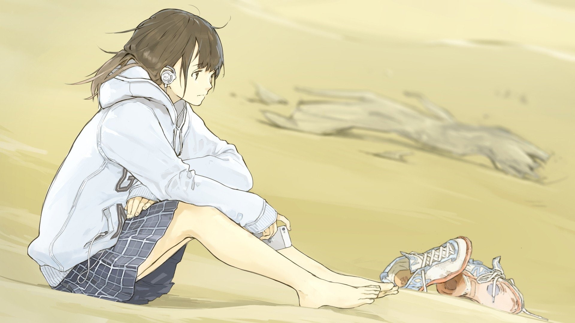 hd, girls, art, characters, Skirt, 1080P, headphones, original, px, x, beach, entertainment, 1920x1080 px, movies, barefoot, Anime Girls, anime, original, HD Wallpaper