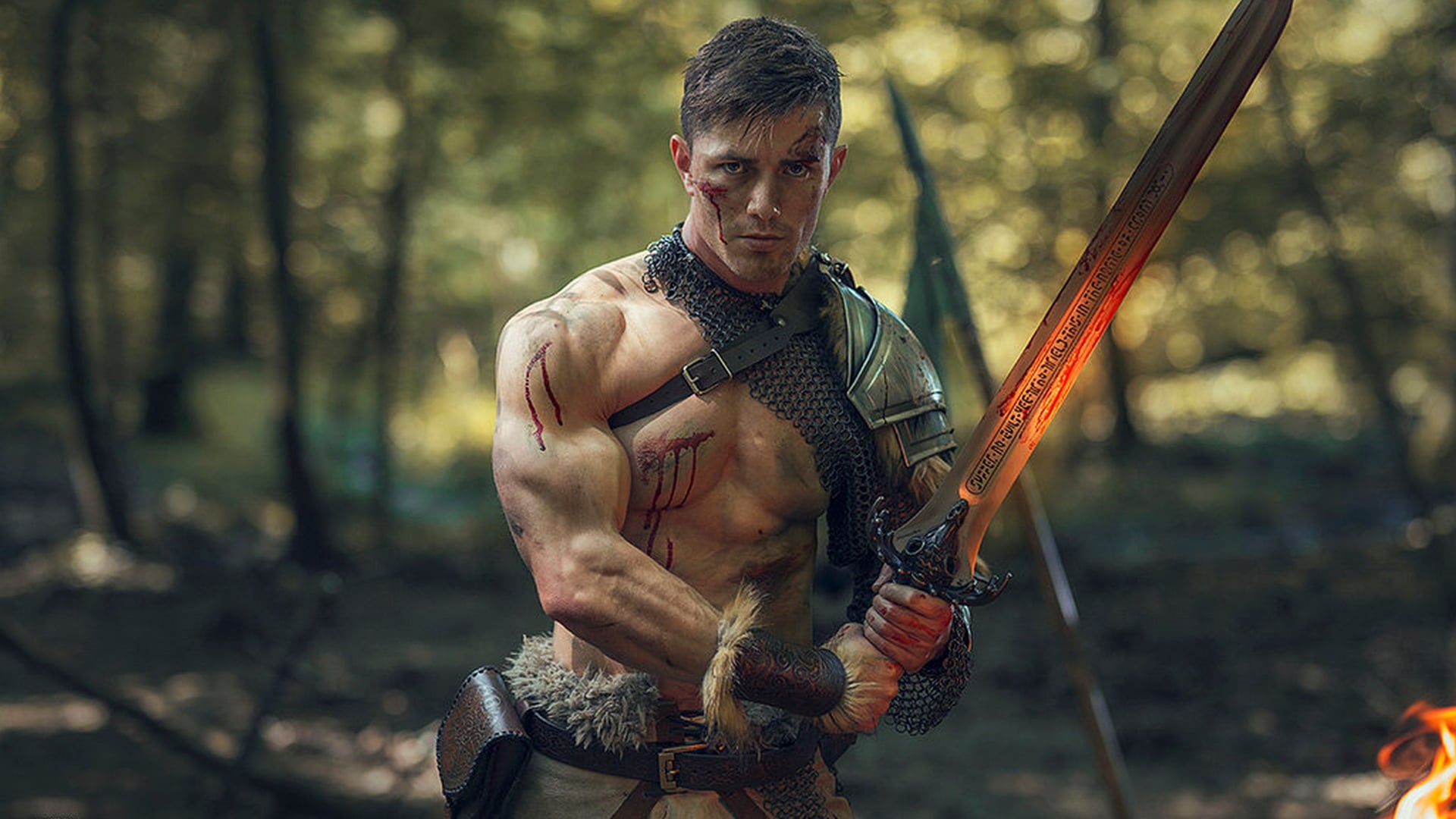 forest, land, 6-pack, nature, muscles, males, outdoors, aggression, one person, sword, model, strength, woodland, men, conflict, warrior, muscular, abs, HD Wallpaper
