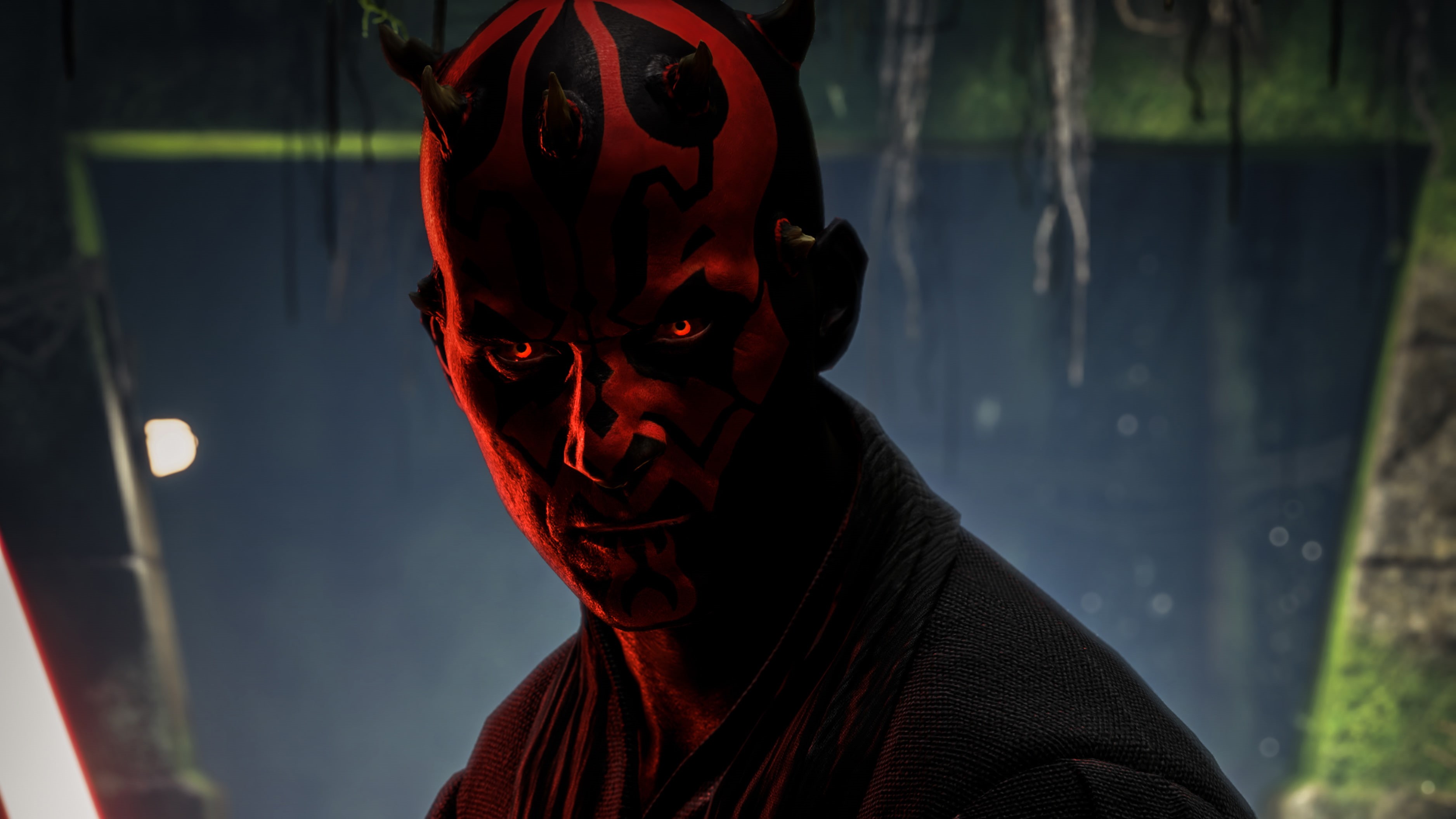 front view, 4K, looking at camera, adult, Darth Maul, clothing, mask, one person, 2K, men, leisure activity, night, casual clothing, focus on foreground, HD Wallpaper