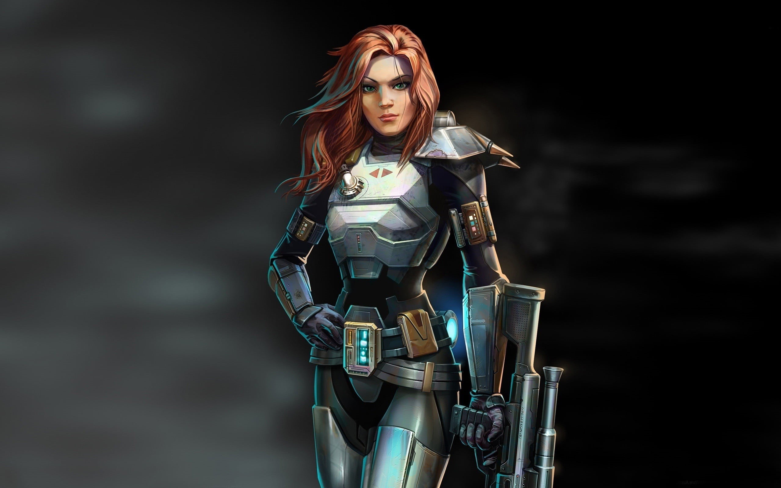 dyed red hair, brown, haired, hairstyle, front view, beautiful woman, robot, Star Wars: Knights of the Old Republic, looking at camera, 2K, beauty, character, HD Wallpaper