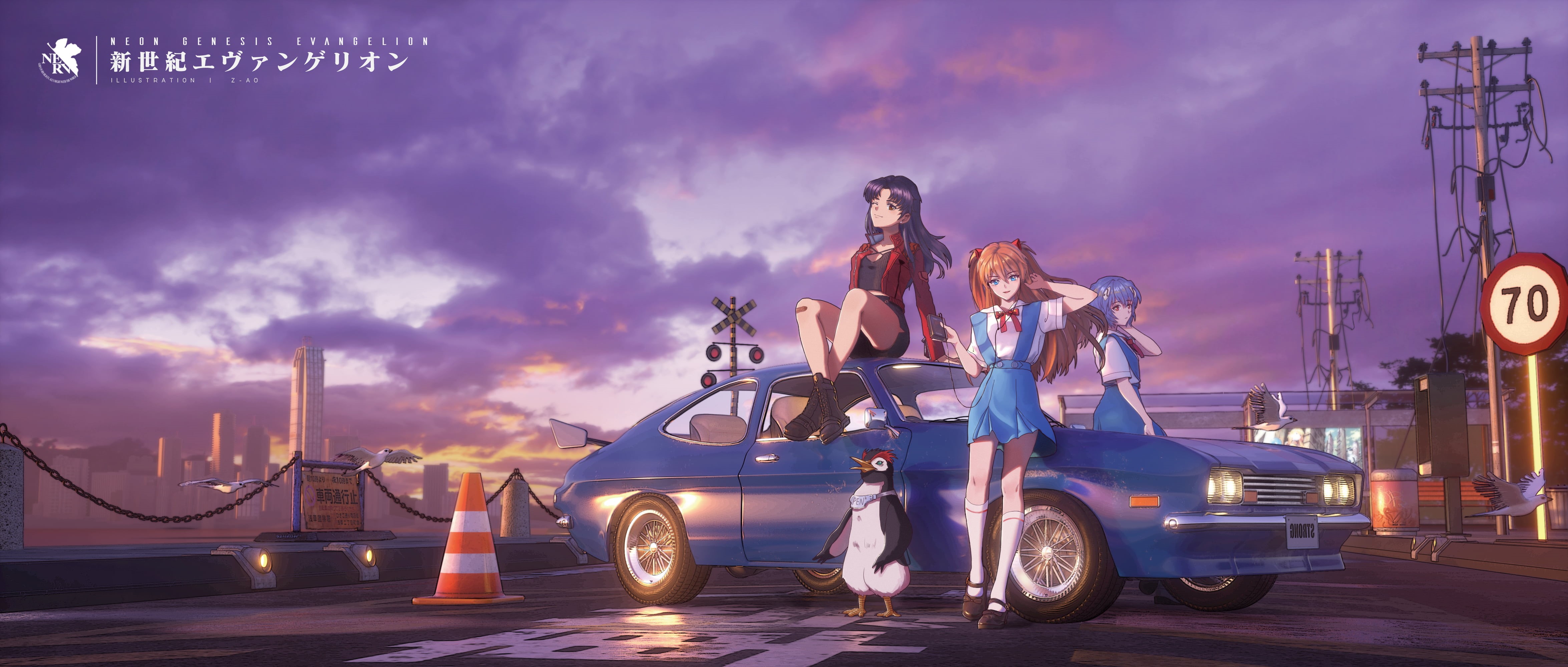 Penpen, anime girls, Katsuragi Misato, DayDayPainting STUDIO, 4K, Neon Genesis Evangelion, anime, Ayanami Rei, Asuka Langley Soryu, HD Wallpaper