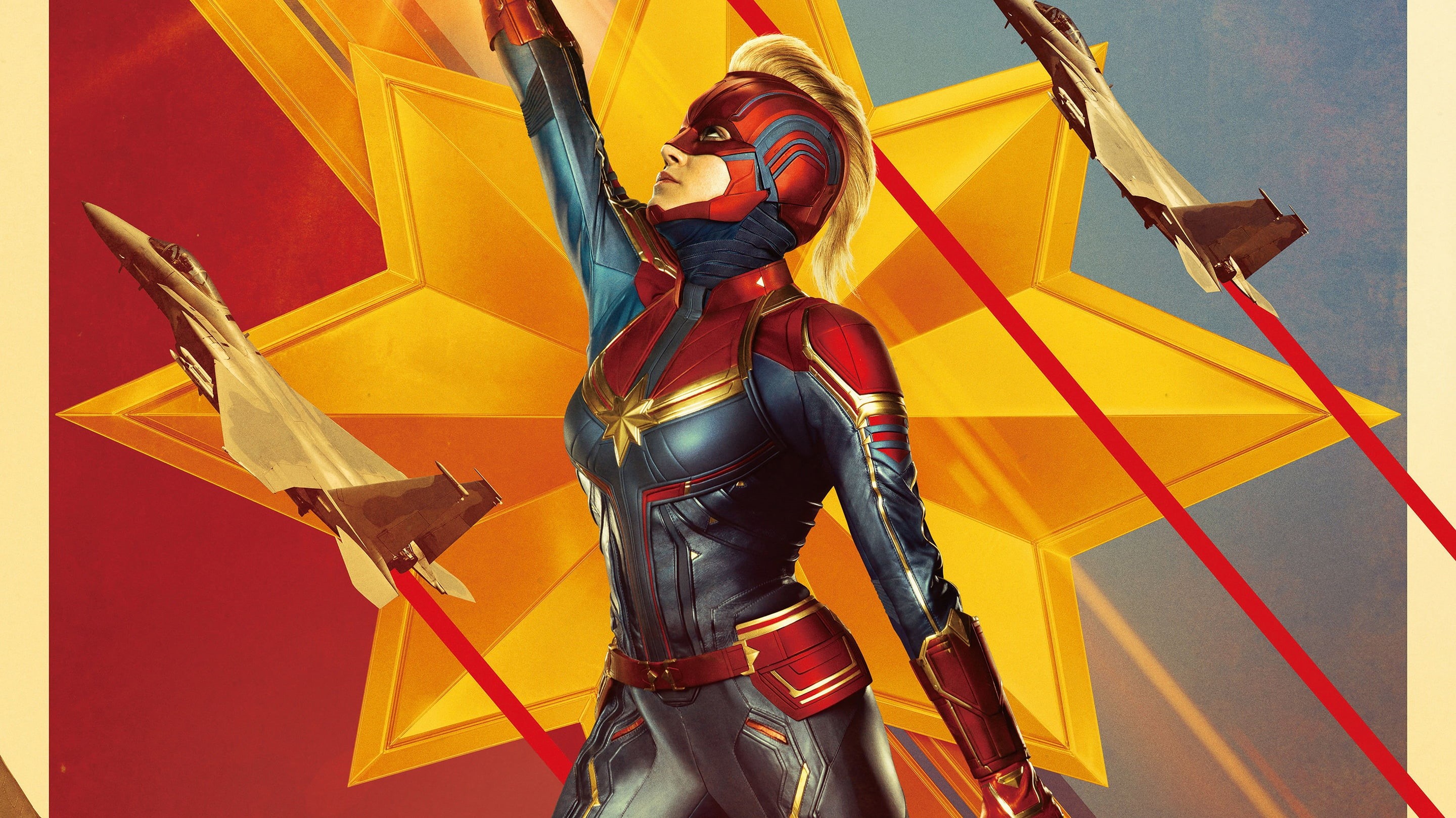 blonde, fiction, aircraft, background, 2K, Carol Danvers, pose, Brie Larson, Captain Marvel, costume, comic, poster, MARVEL, HD Wallpaper