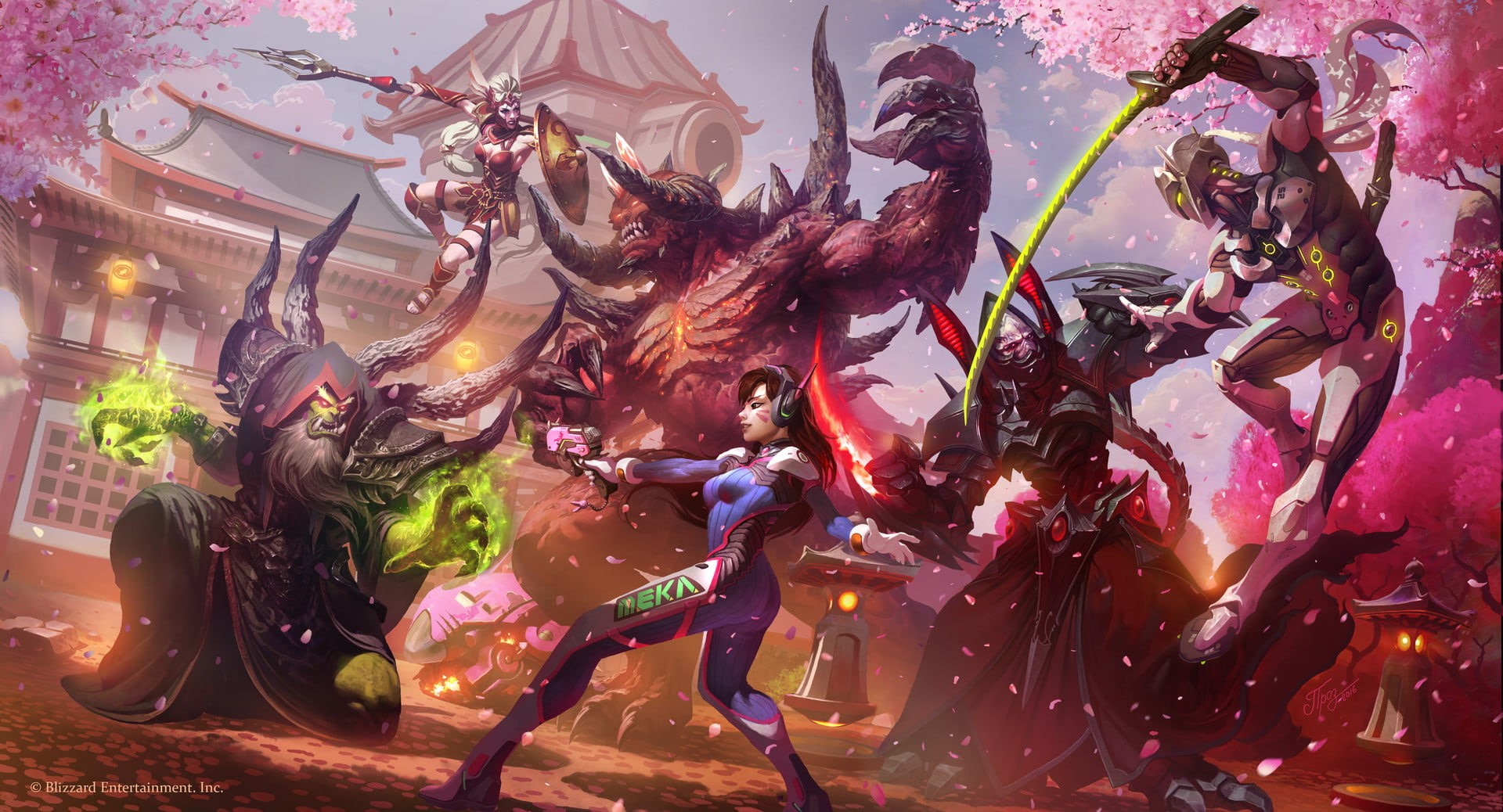 arts culture and entertainment, decoration, D.Va (Overwatch), Guldan, Overwatch, magic, people, Genji, adult, men, real people, nature, group of people, HD Wallpaper