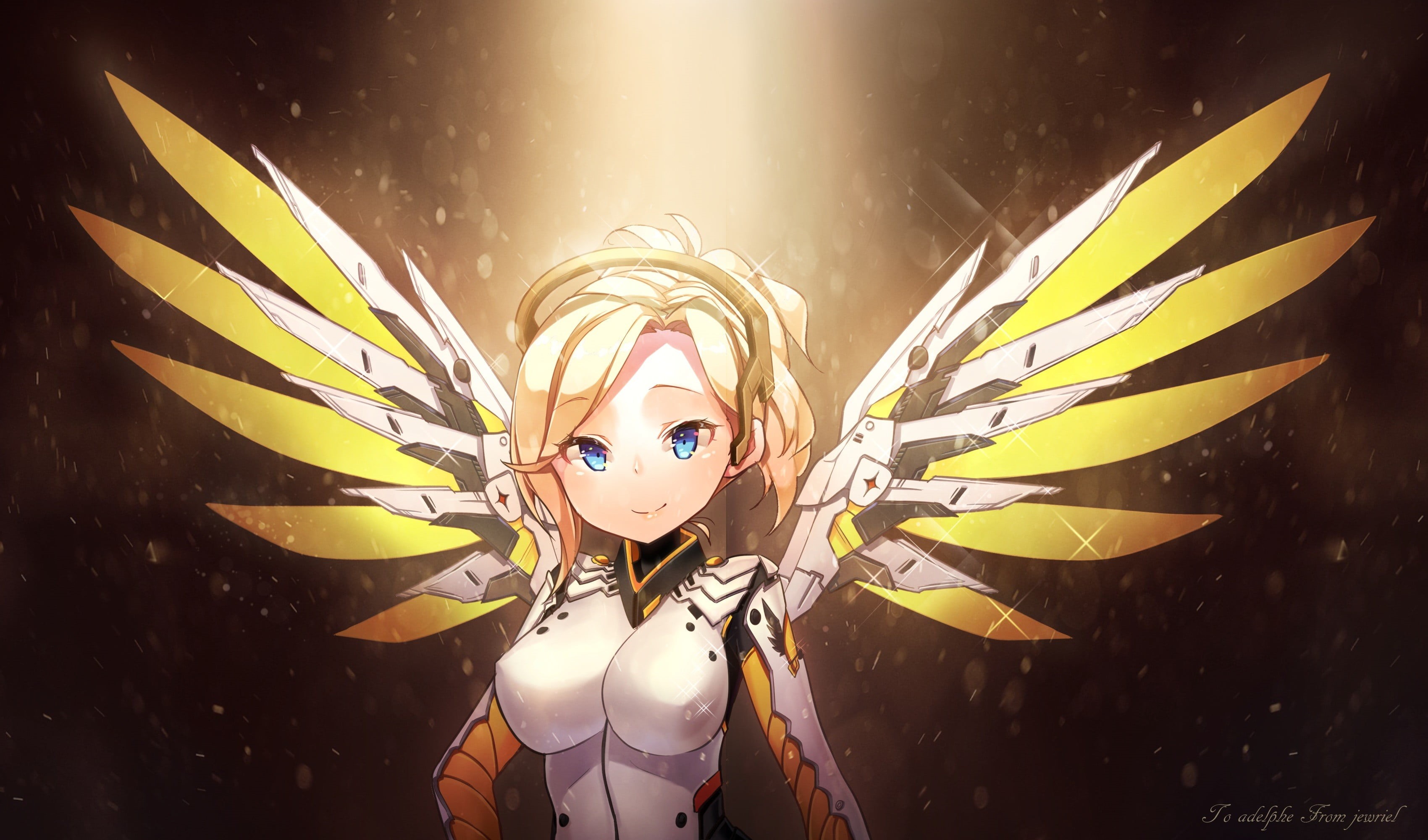 Mercy (Overwatch), clothing, lifestyles, waist up, females, mercy, leisure activity, standing, wings, beautiful woman, one person, anime, nature, looking at camera, HD Wallpaper