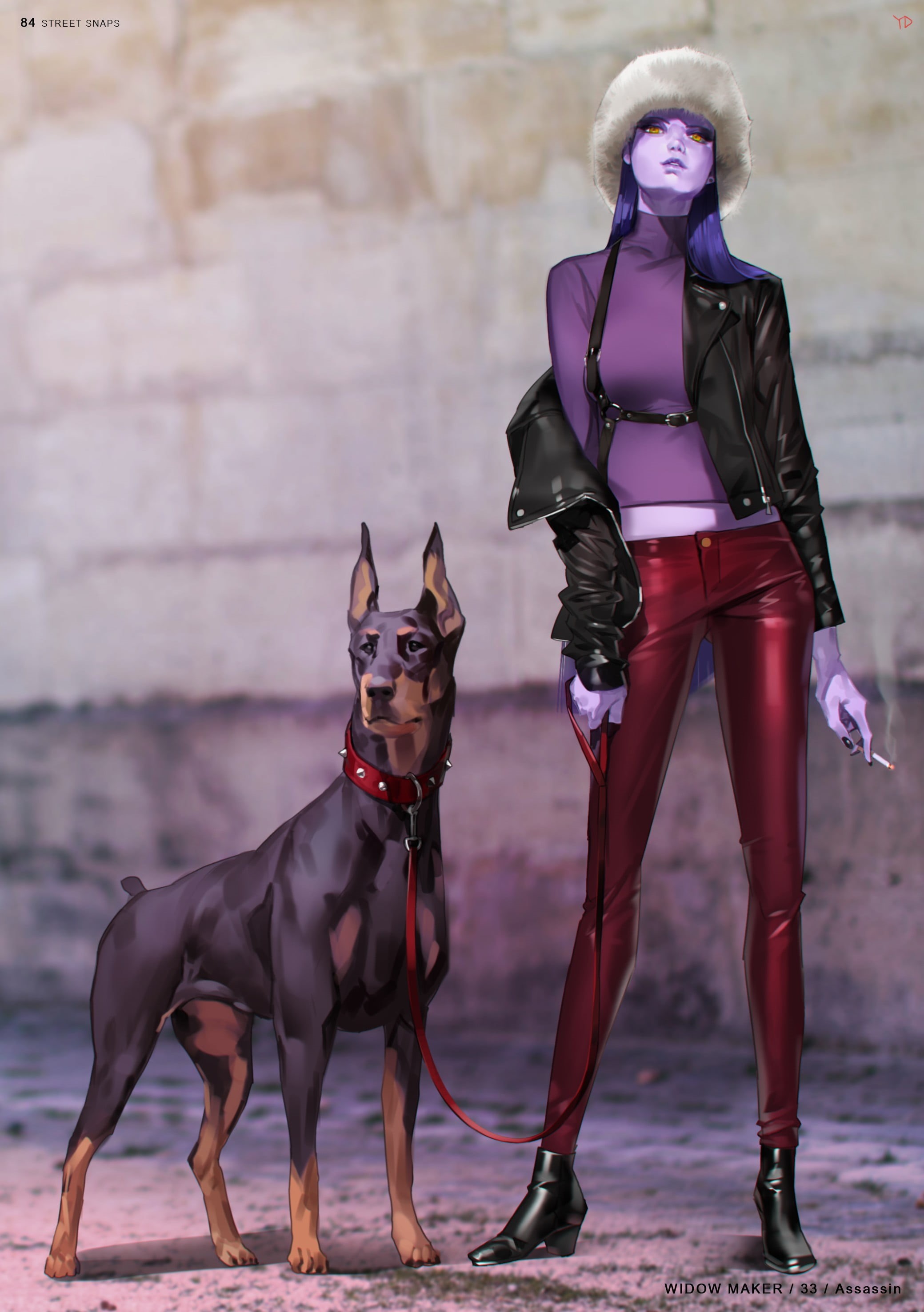 canine, full length, anime, Overwatch, portrait, 2K, looking at camera, standing, beautiful woman, dog, vertebrate, pinscher, pets, Doberman Pinscher, Phone HD Wallpaper