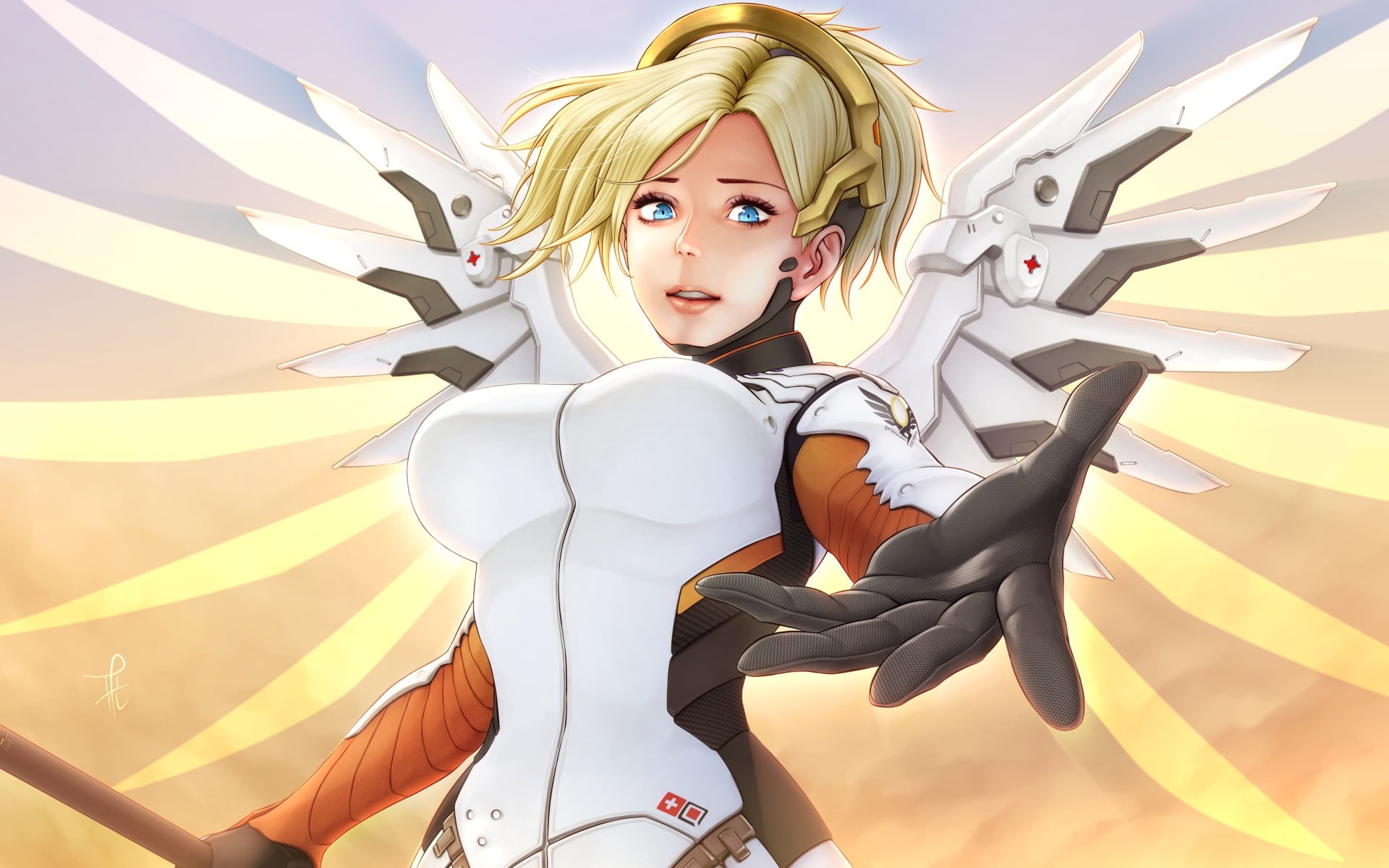 1080P, blue eyes, blonde, young adult, digital, young women, lifestyles, indoors, real people, front view, looking at camera, hair, fashion, wings, Mercy (Overwatch), HD Wallpaper