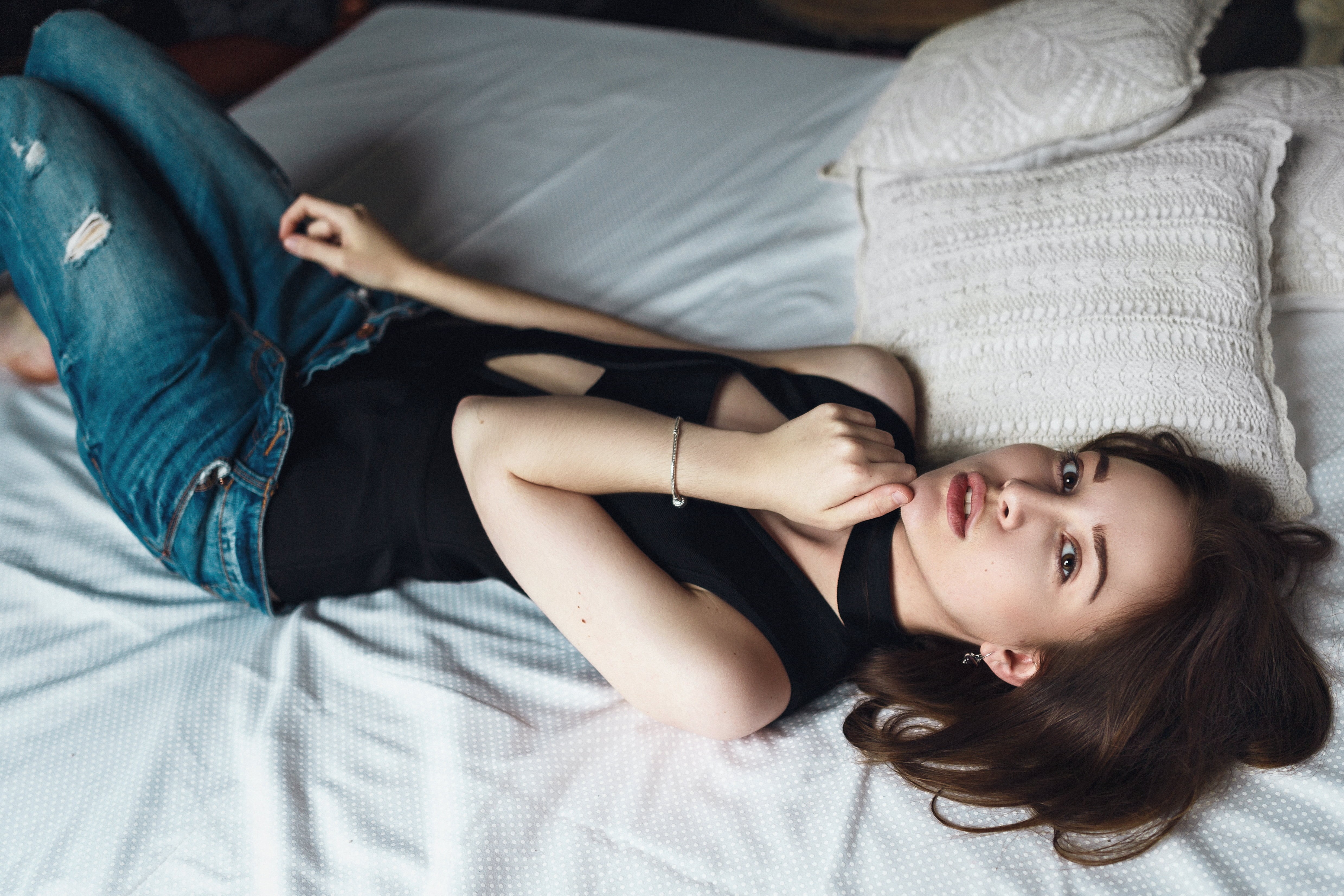 lifestyles, bodysuit, bed, open mouth, domestic room, hand on face, front view, indoors, brunette, leisure activity, open clothes, lying on back, brown eyes, HD Wallpaper