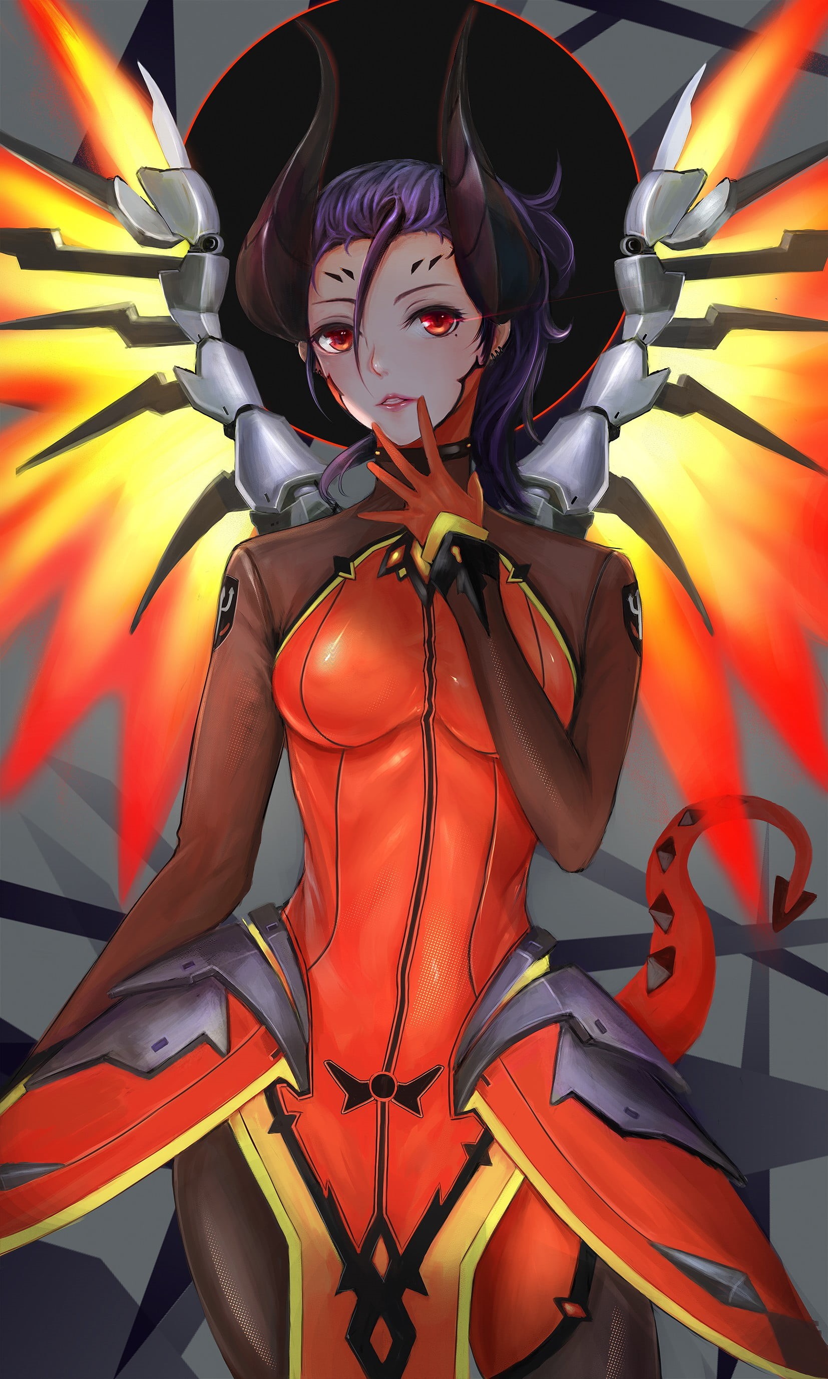 celebration, Overwatch, woman, portrait, disguise, anime, purple hair, anime girls, character, haired, multi colored, paint, purple, day, wings, Phone HD Wallpaper