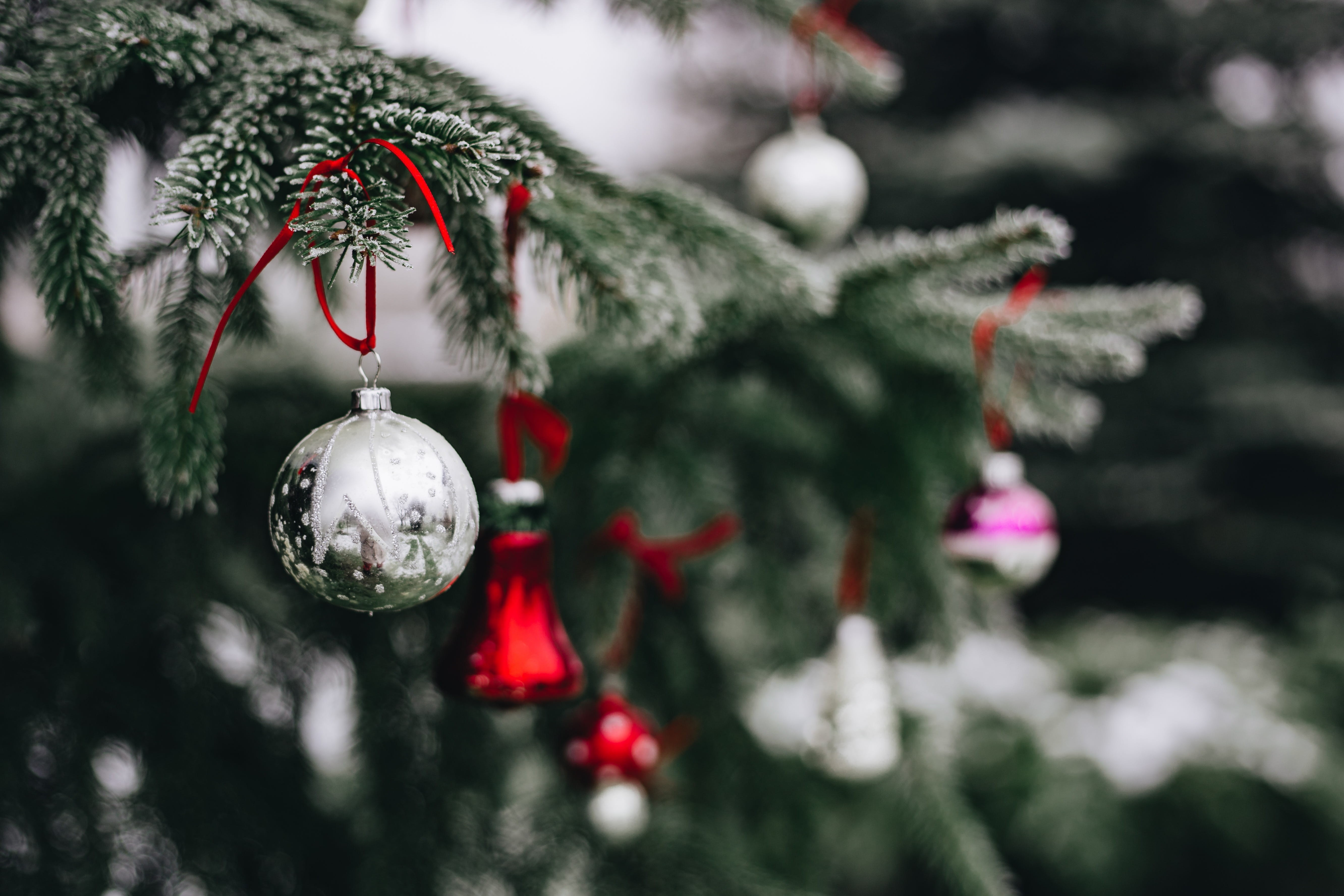 hanging, xmas, celebration, ornaments, christmas, fir tree, coniferous tree, small group of objects, 5K, fashioned, holiday, evergreen tree, december, HD Wallpaper