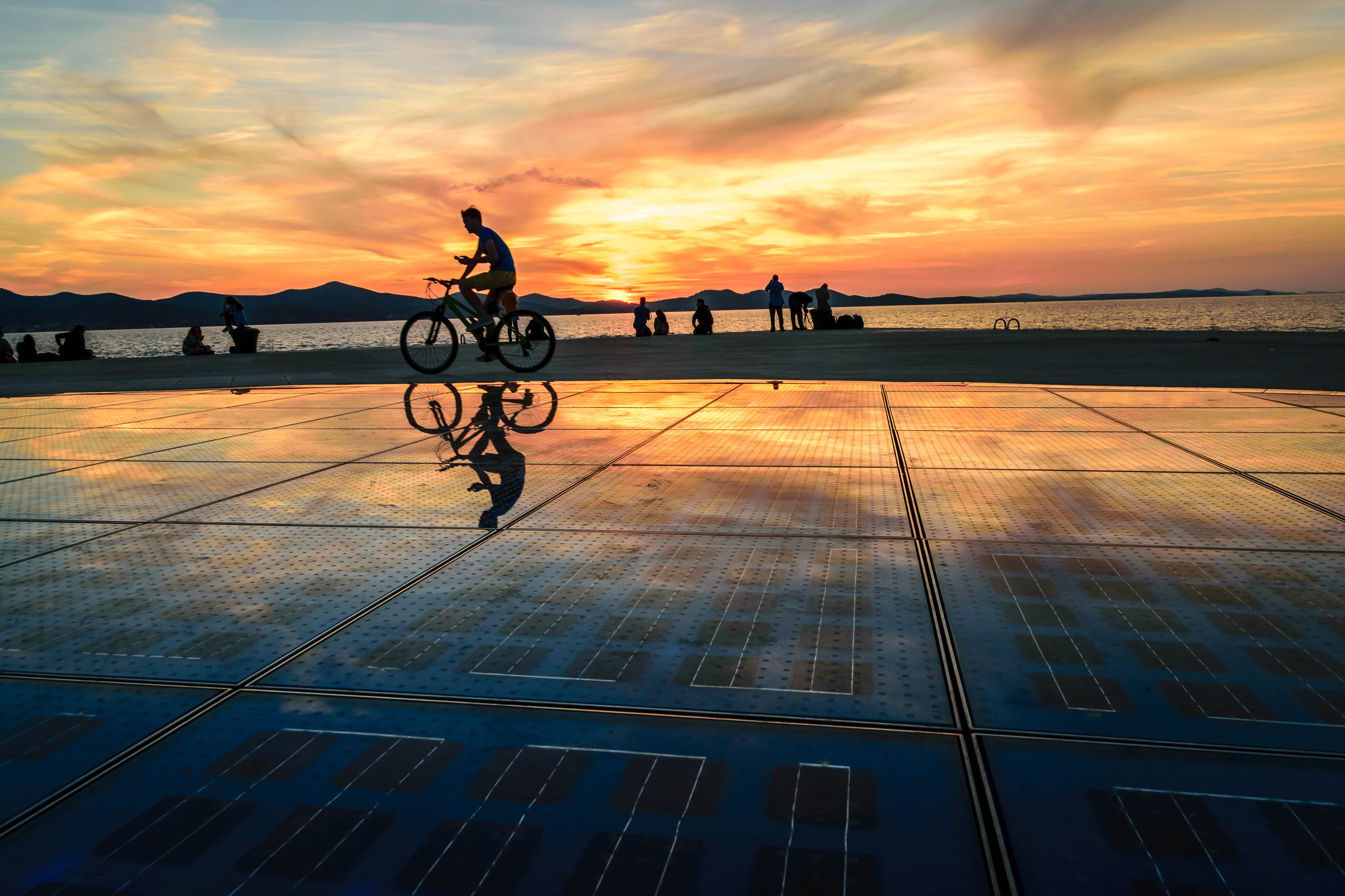 travel, sky, cycling, built structure, sunset, sea organ, croatia, adriatic sea, cycle, shore, beauty in nature, nature, activity, reflection, orange color, HD Wallpaper
