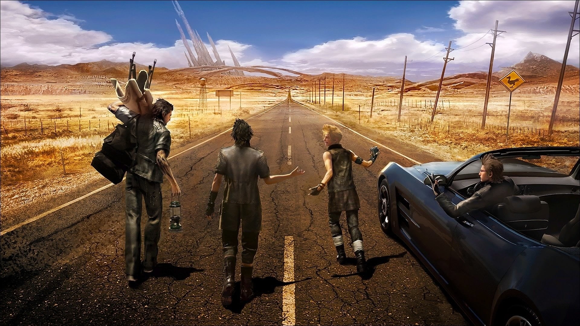 cloud - sky, car, nature, city, street, Gladiolus Amicitia, outdoors, Noctis Lucis Caelum, Prompto Argentum, shadow, motor vehicle, Ignis Scientia, HD Wallpaper