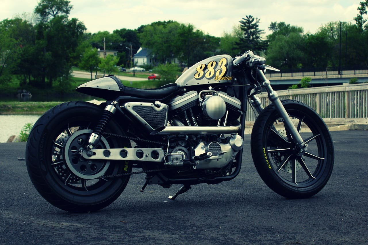 focus on foreground, land vehicle, 720P, transportation, travel, cruiser, plant, stationary, side view, black, motorcycle, Harley-Davidson, city, street, HD Wallpaper