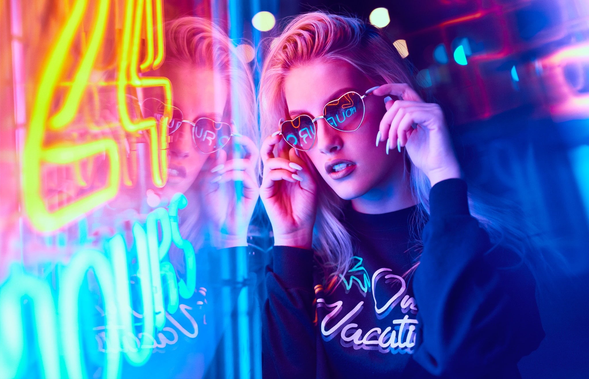 young adult, indoors, one person, sunglasses, fashion, beauty, night, blonde, 1080P, young women, women, beautiful woman, portrait, front view, multi colored, HD Wallpaper