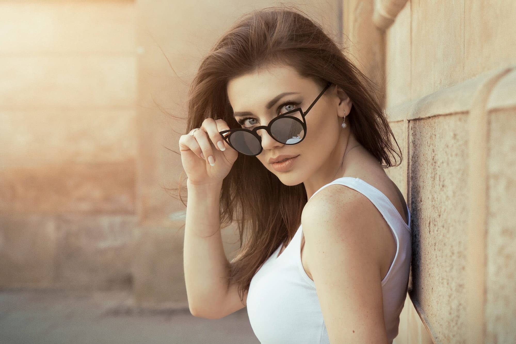 wall, holding, model, women, brown hair, portrait, blue eyes, activity, technology, Svetlana Grabenko, long hair, adult, one person, tank top, woman, hair, HD Wallpaper