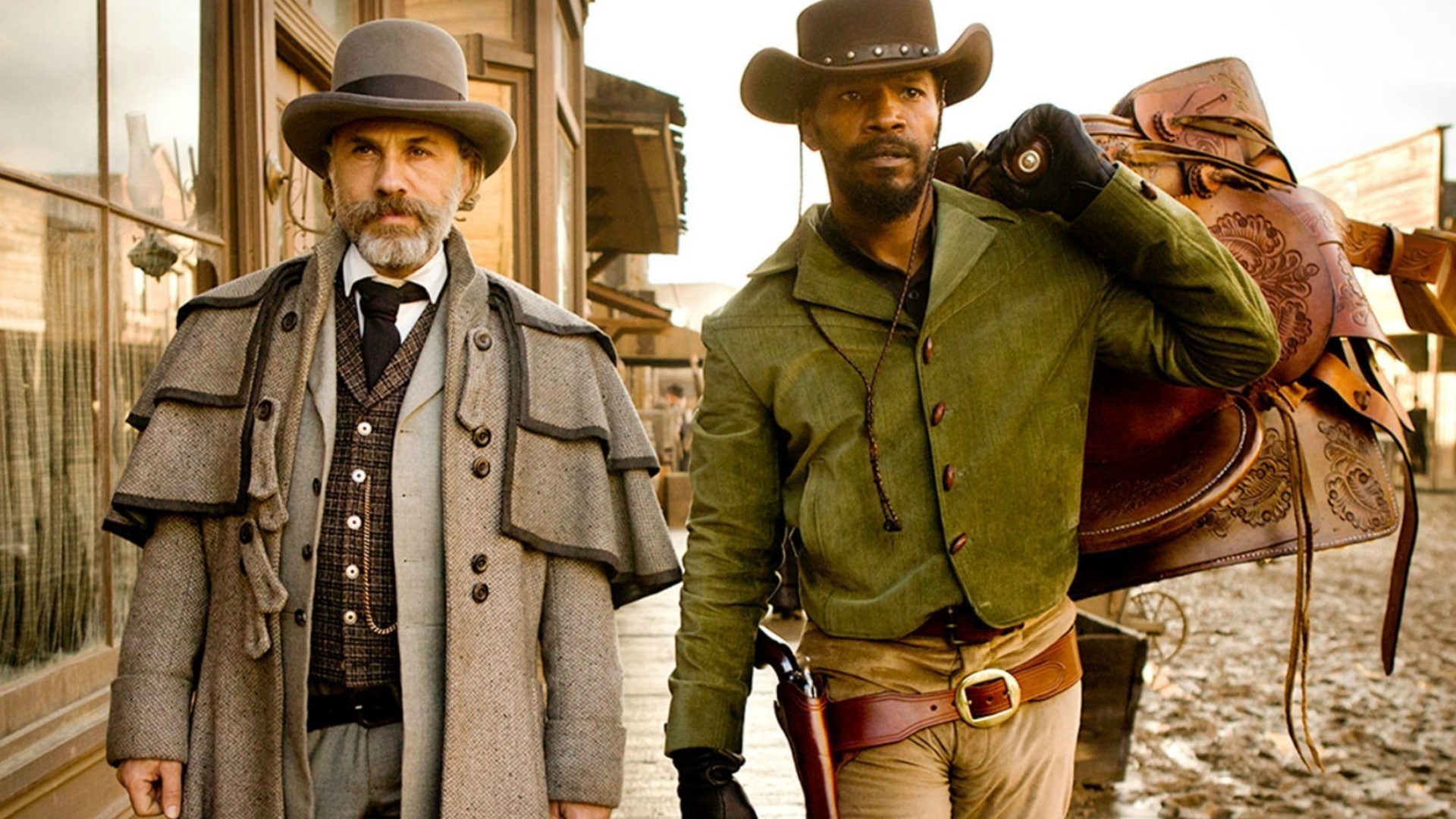 mid adult, adult, Quentin Tarantino, looking away, Jamie Foxx, warm clothing, Christoph Waltz, Django Unchained, mature men, three quarter length, architecture, HD Wallpaper