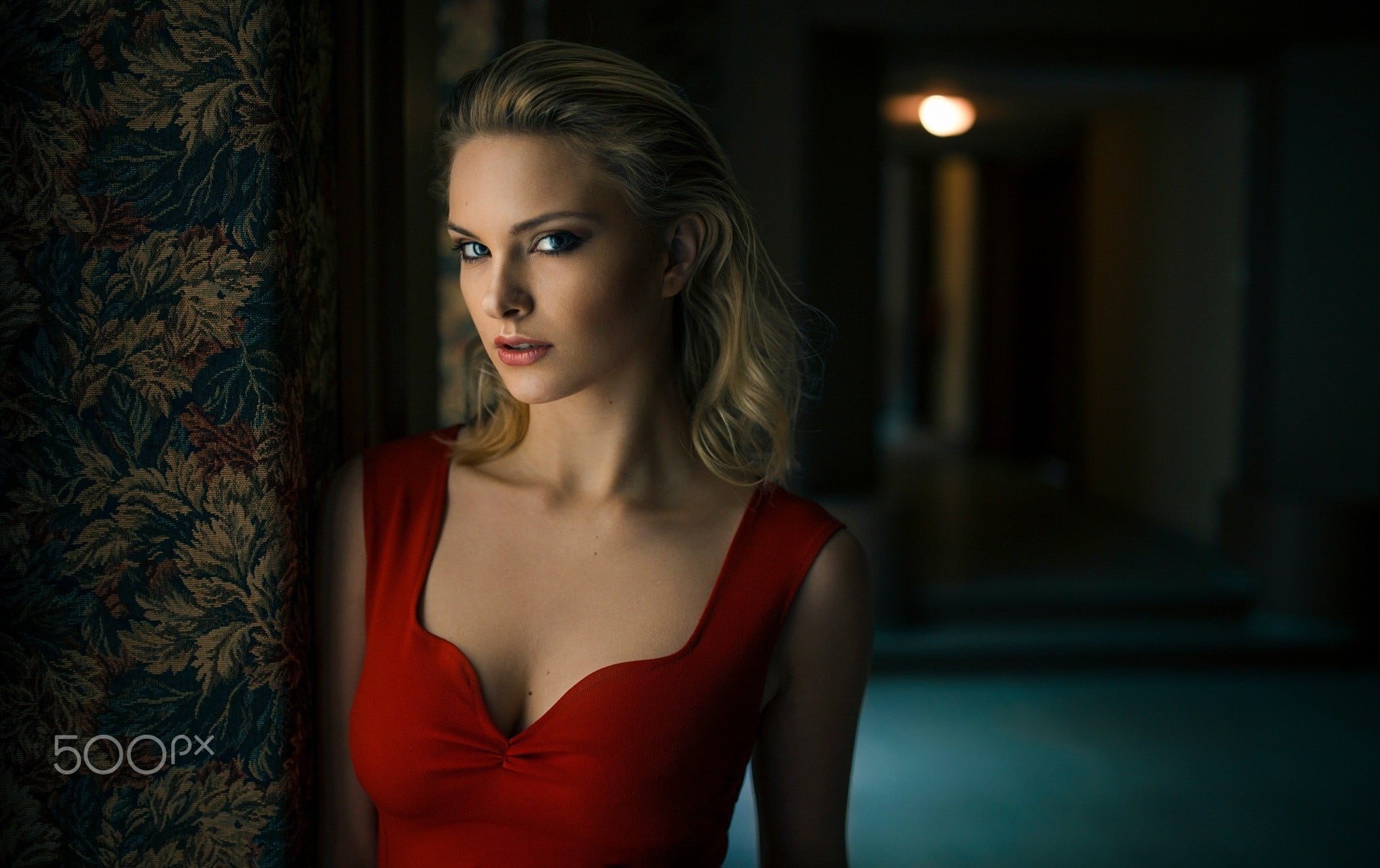 indoors, depth of field, cleavage, face, wavy hair, red dress, elegance, hair, clothing, night, adult, blue eyes, Damian Piórko, young adult, fashion, women, HD Wallpaper