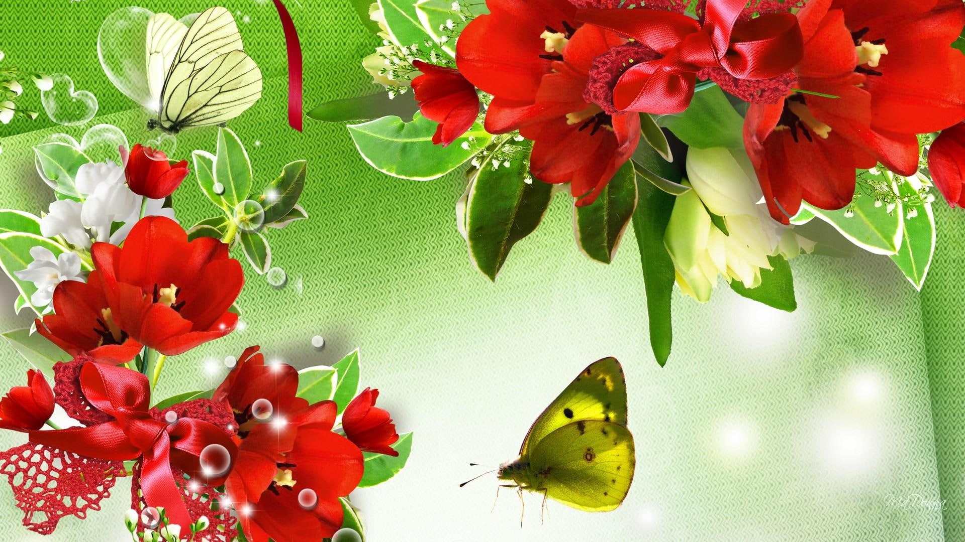 spring, butterfly, lovely, fleurs, papillon, bright, green, fragrant, flowers, tulips, cheerful, 1080P, HD Wallpaper