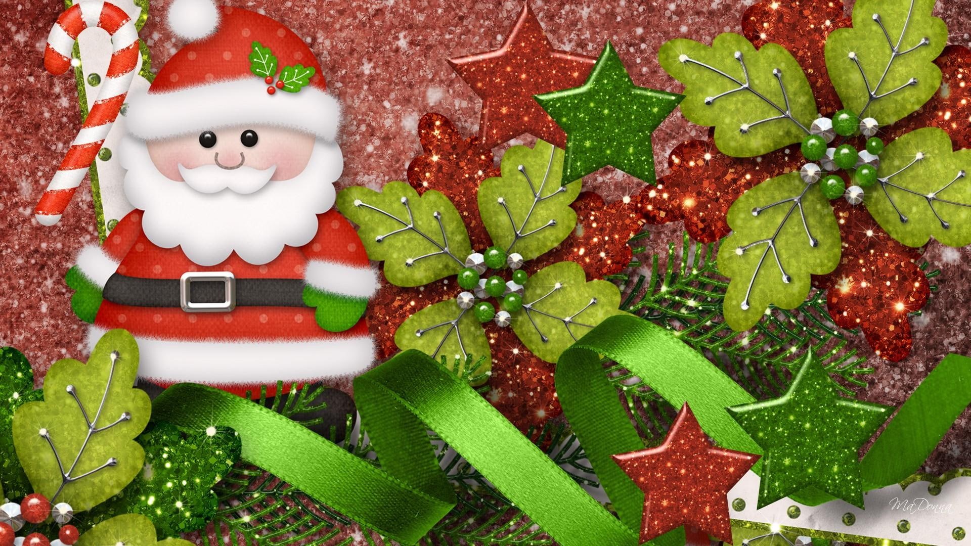 poinsettia, santa claus, christmas, saint nick, candy cane, happy, cheer, 1080P, ribbon, stars, firefox persona, HD Wallpaper